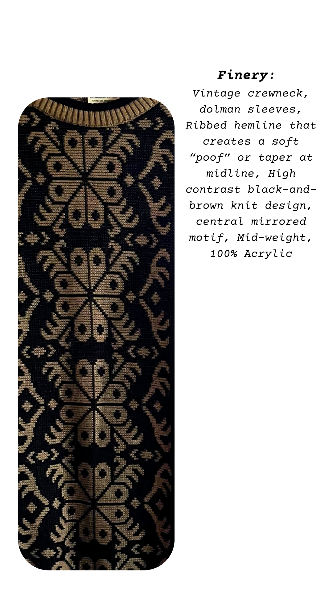Close-up of black and brown knit pattern from vintage Damart sweater, highlighting symmetrical central design and ribbed neckline in a vertical crop.