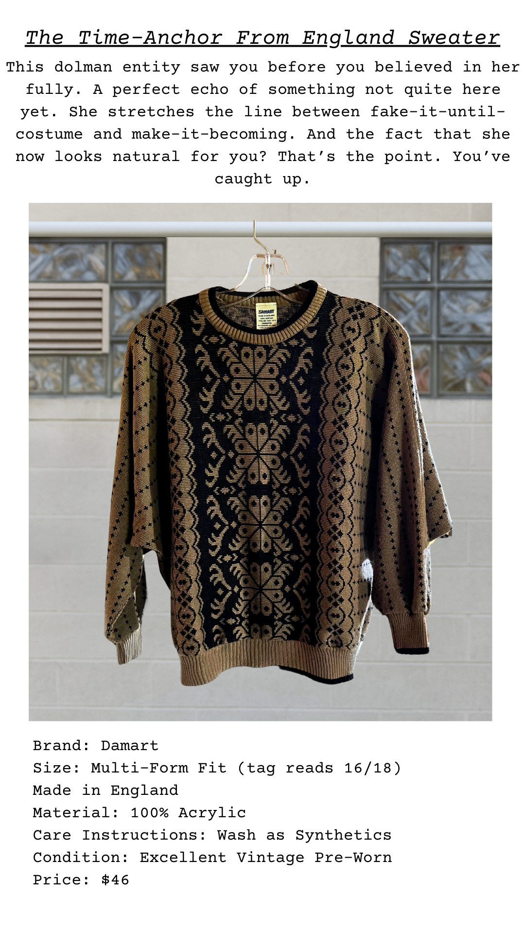 Front view of a vintage black and brown Damart sweater with dolman sleeves, displayed beneath poetic text and garment details in a collage-style product card.