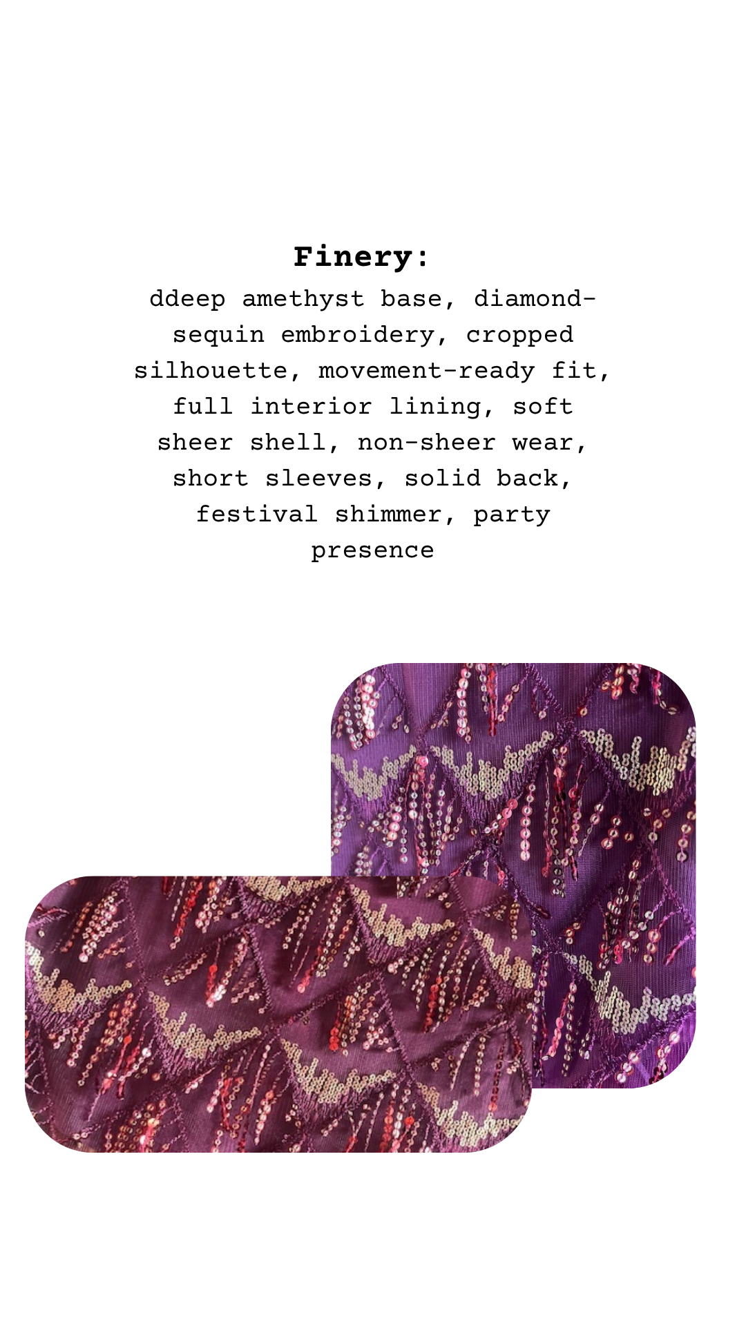 Close-up view of the amethyst base fabric with sequin embroidery in diamond patterns, capturing the shimmer, texture, and movement-ready material of the top.