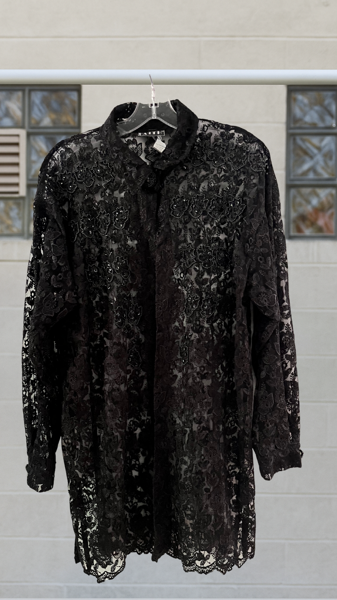 Black lace long shirt with intricate beadwork and beaded buttons