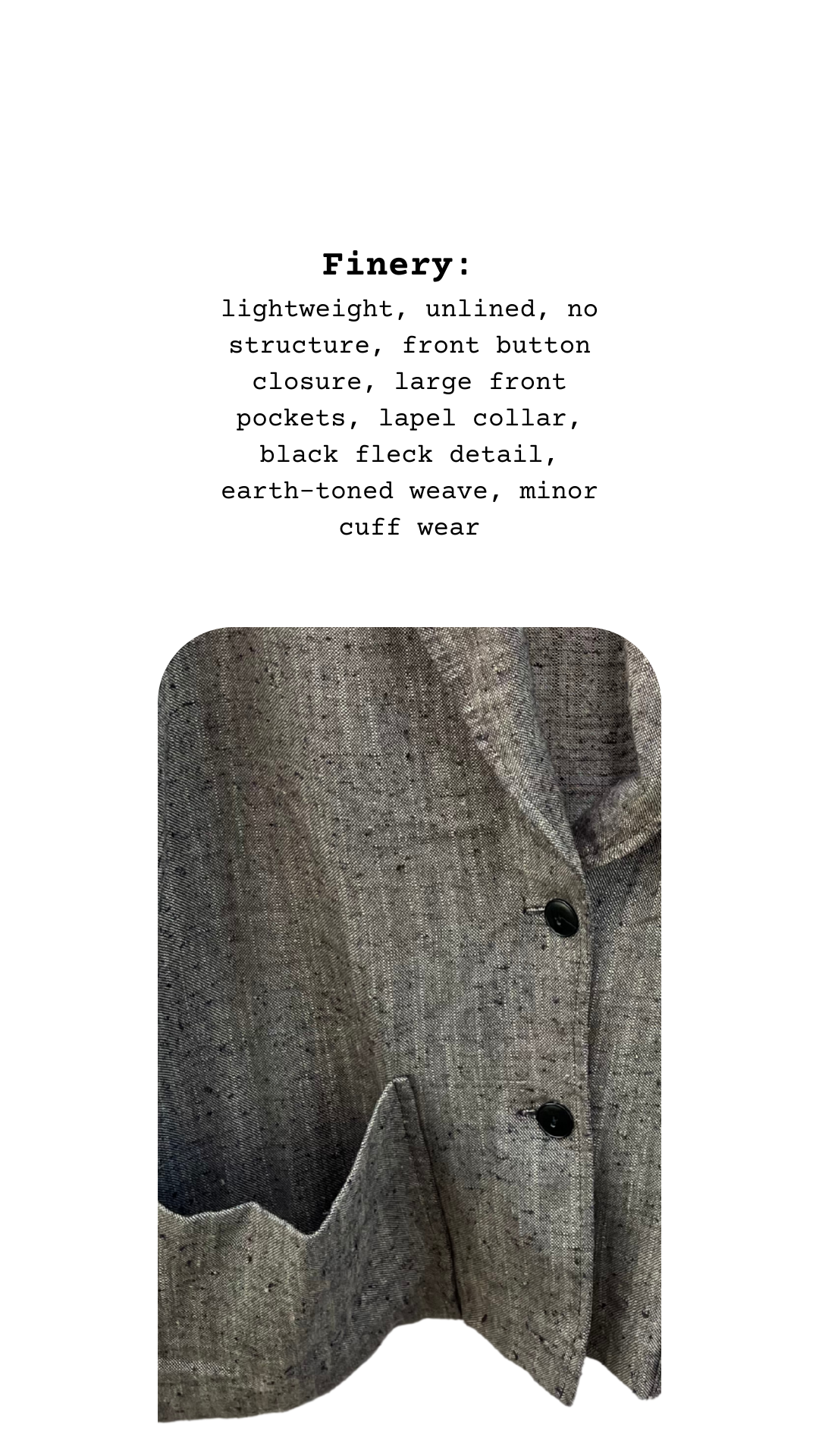 Close-up of black‑flecked woven fabric, buttons, and pocket detail on The Chronicle Pocket Coat.