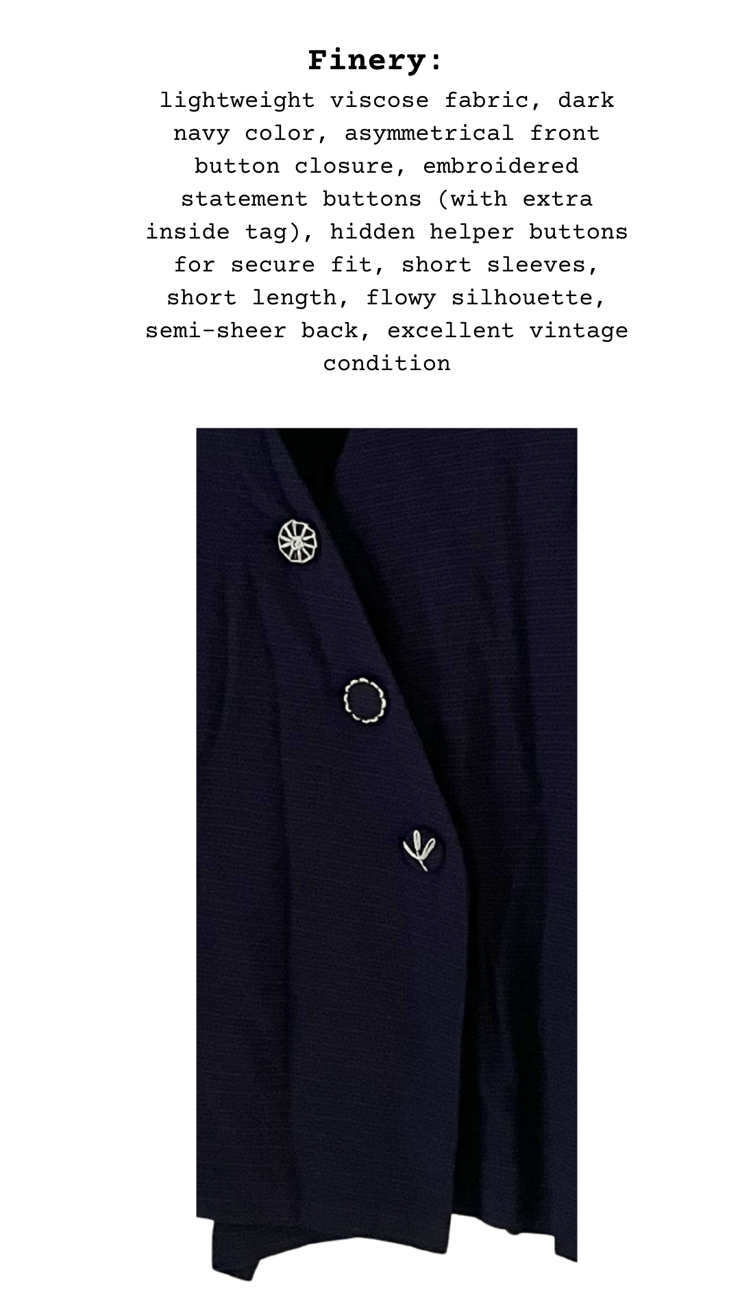 Dark navy blouse with front button closure on a white background