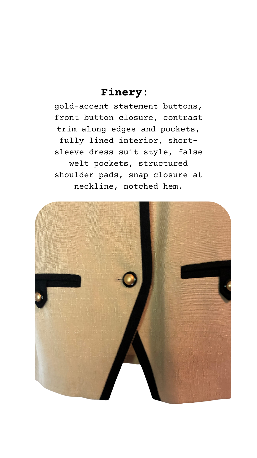 Beige suit jacket with gold accents and black trim on a white background