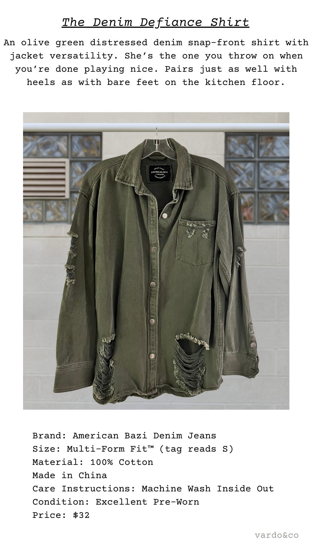 Product card titled “The Snap Down Grunge Shirt” with a short description above a full garment photo and a specs block listing brand, size S, cotton material, care, condition, and price $32.