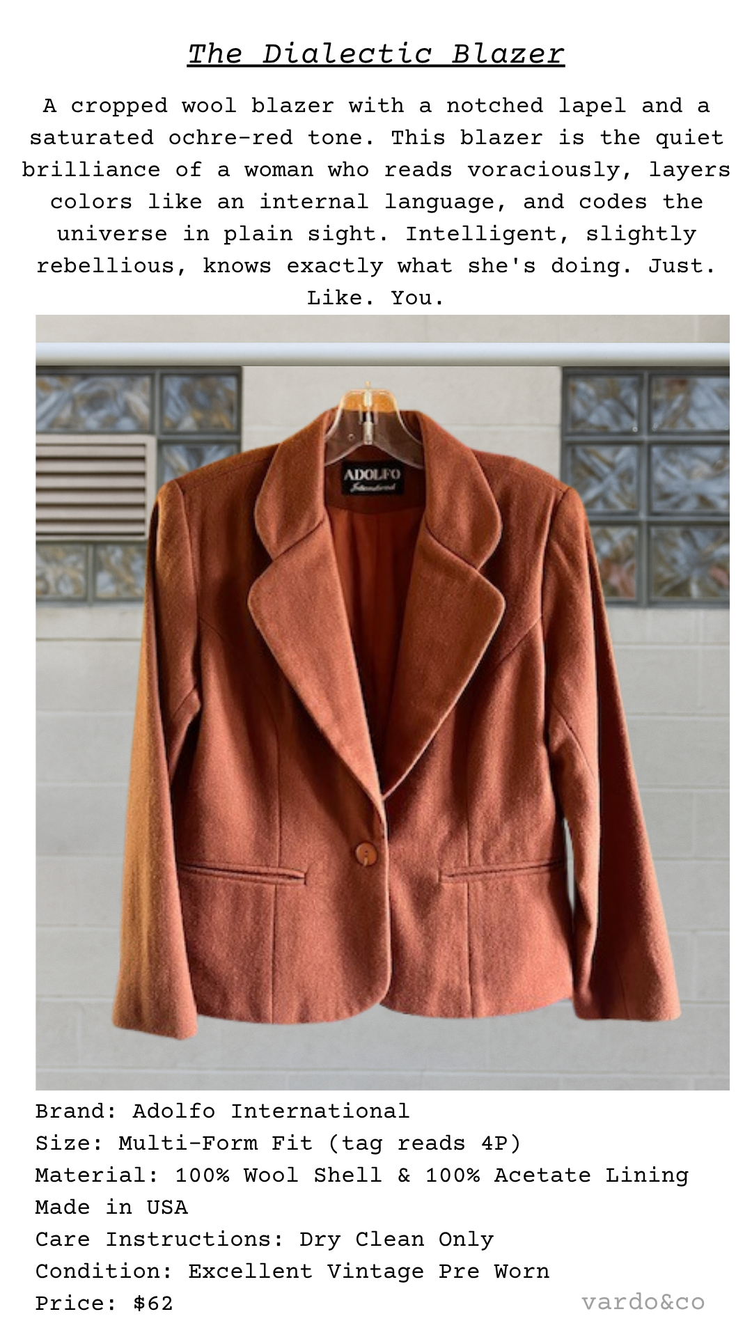 The Dialectic Blazer card with poetic description and full view of the garment hung against glass-block wall.