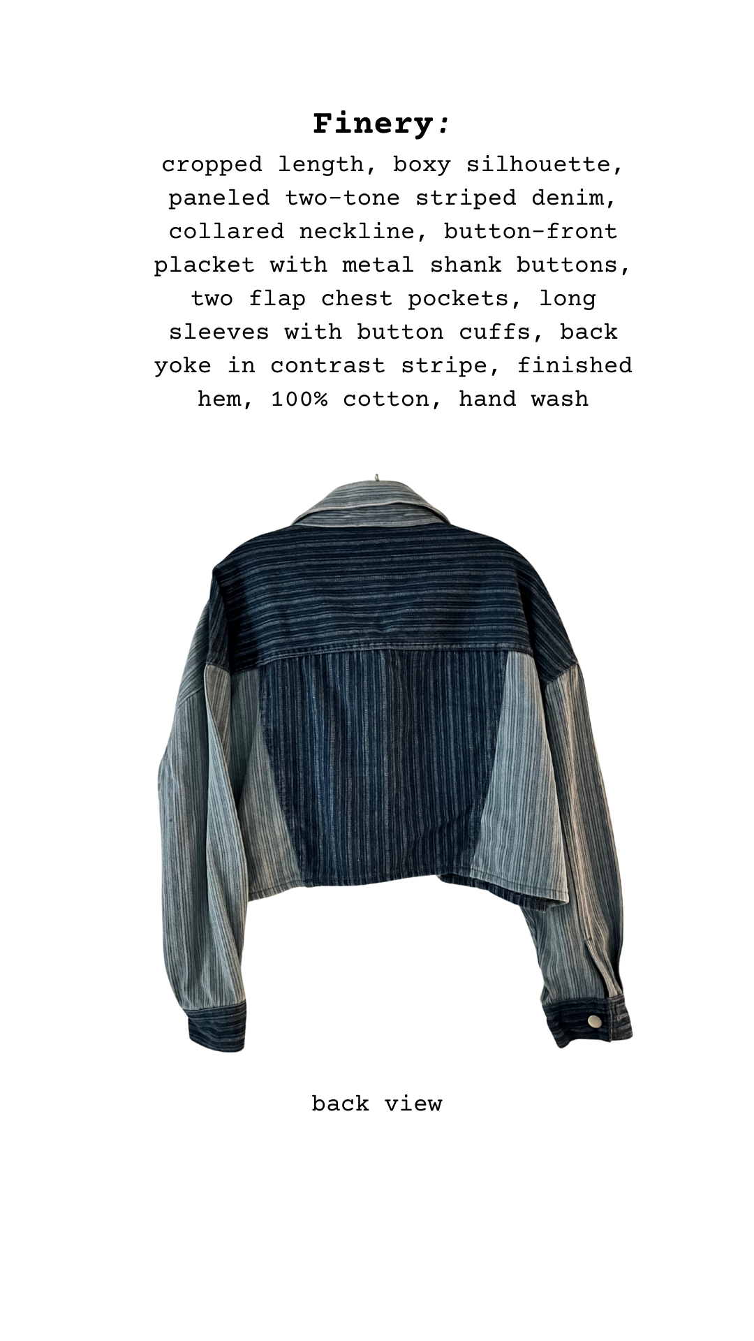 Back view of a denim jacket with text describing its features.