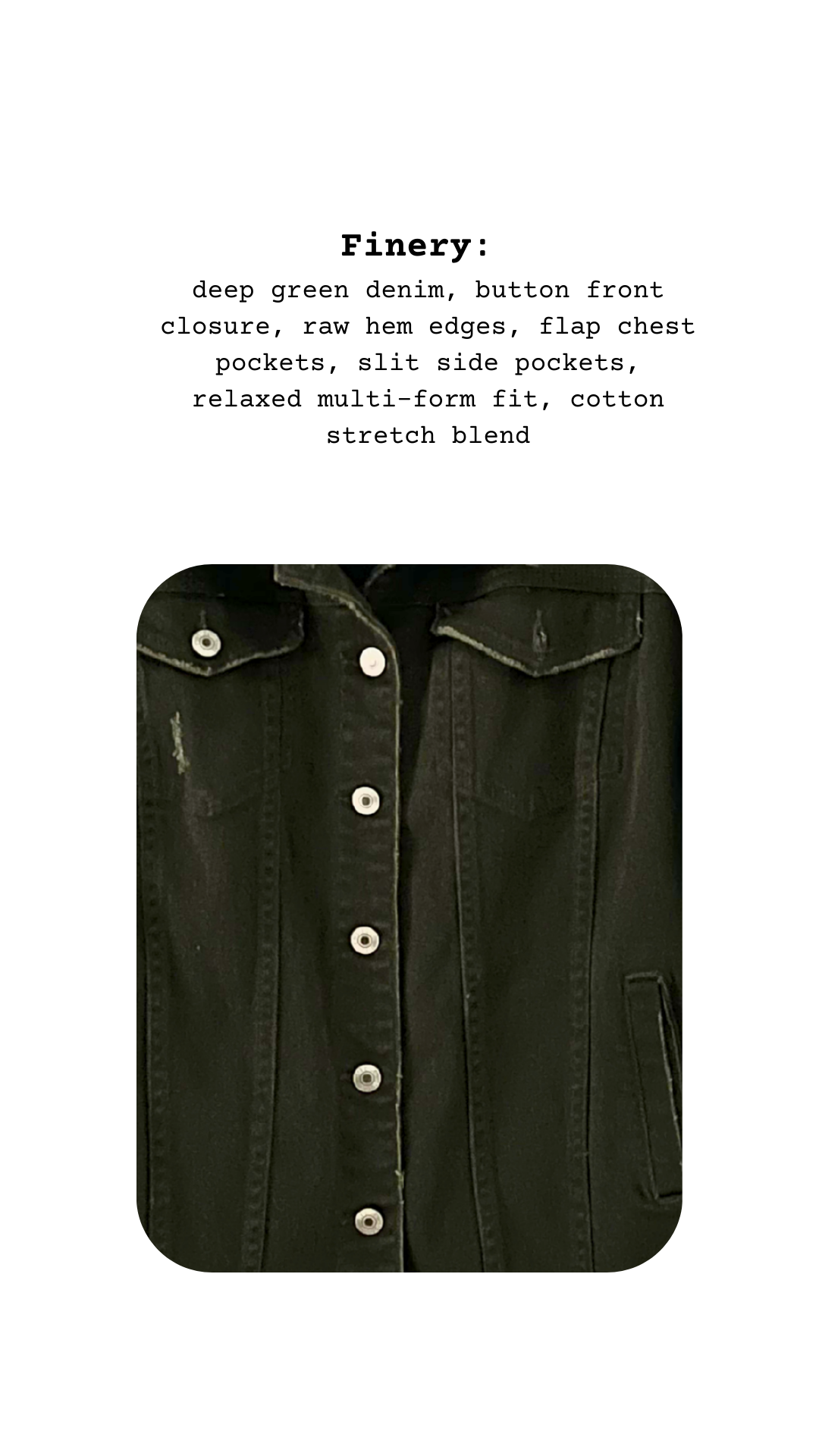 Dark green denim shirt with button front closure on a white background