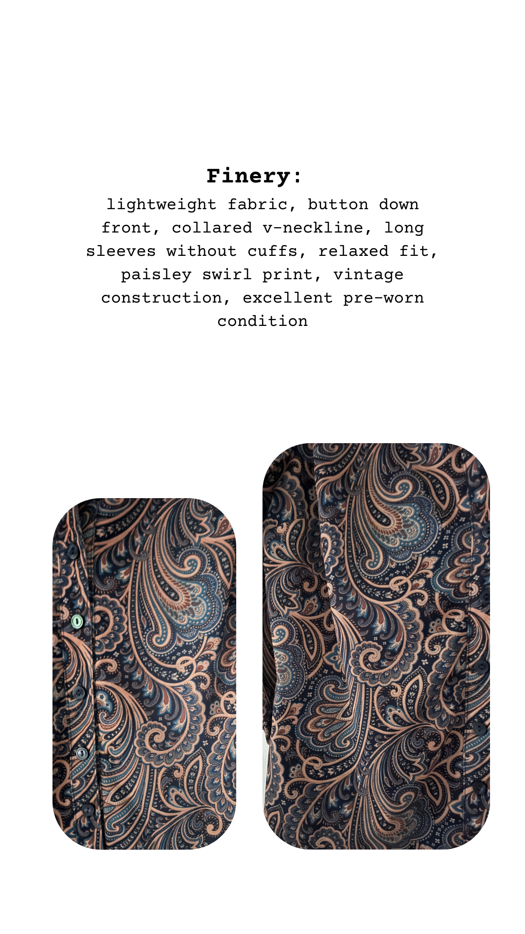Two pieces of fabric with paisley swirl print on a white background, text describing the fabric details.