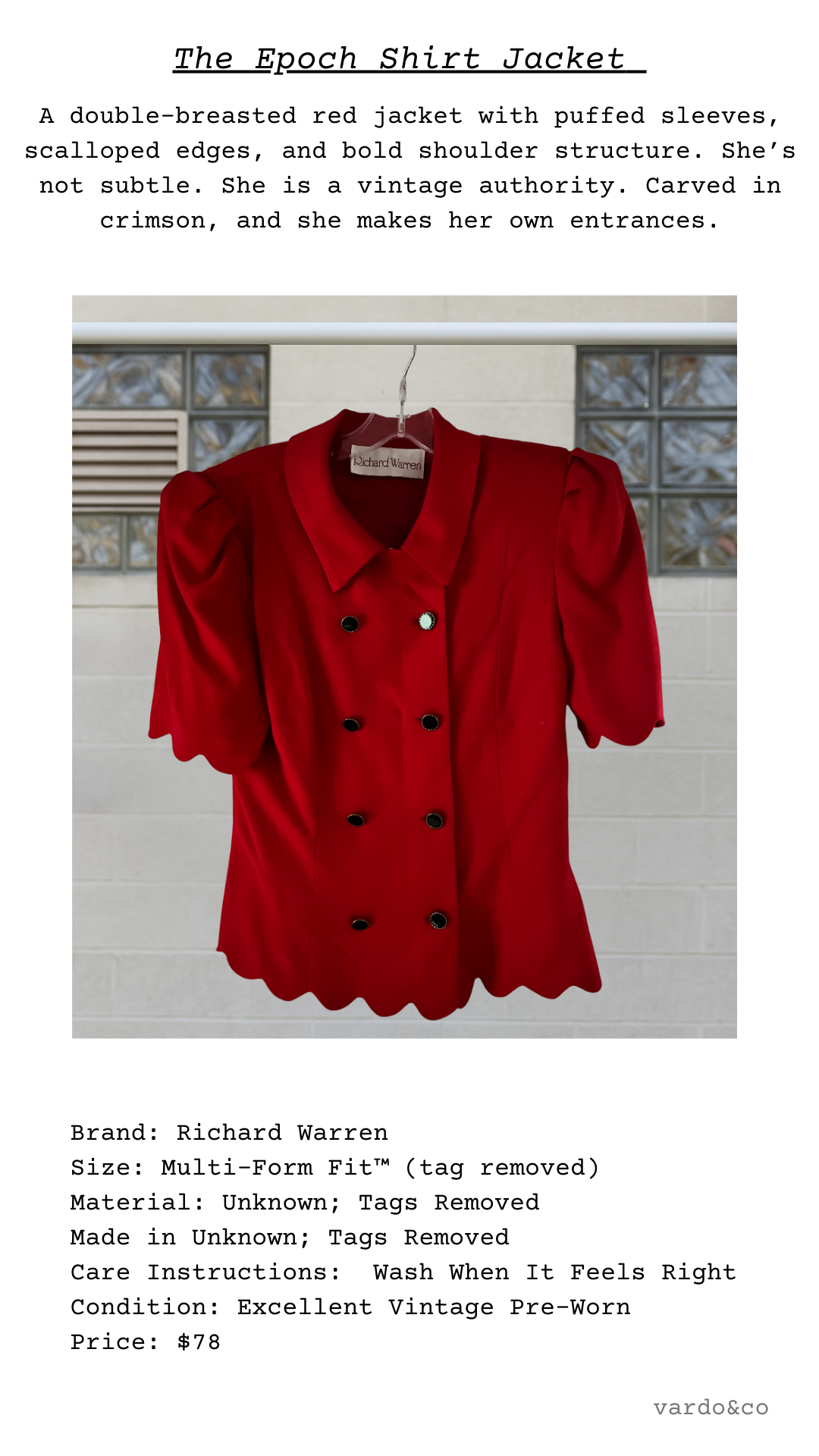 Catalog card of The Epoch Shirt Jacket, red tailored vintage top with decorative buttons and scalloped hem
