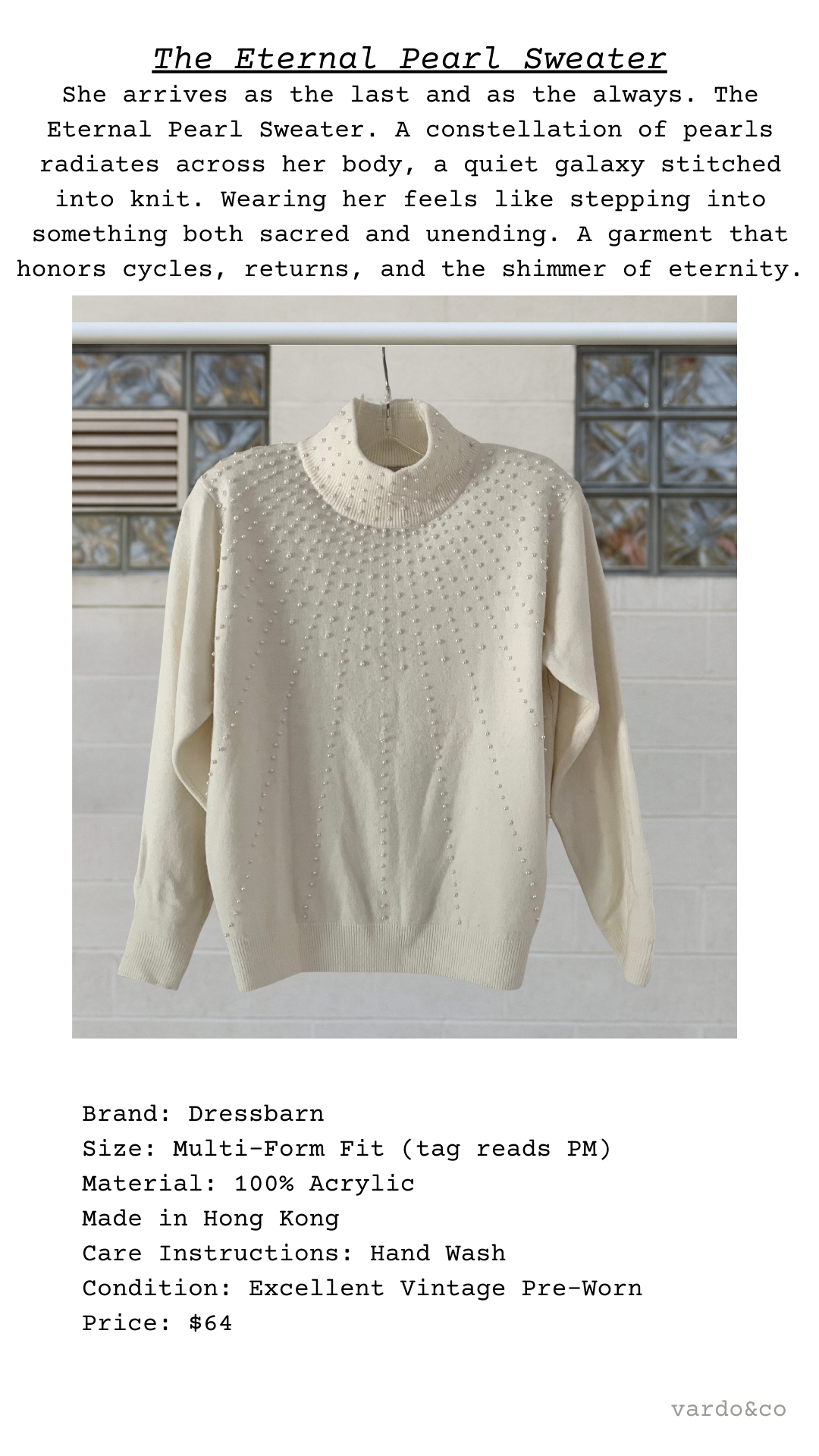 The Eternal Pearl Sweater displayed as a catalog card with pearl embellishments glowing like stars against cream knit