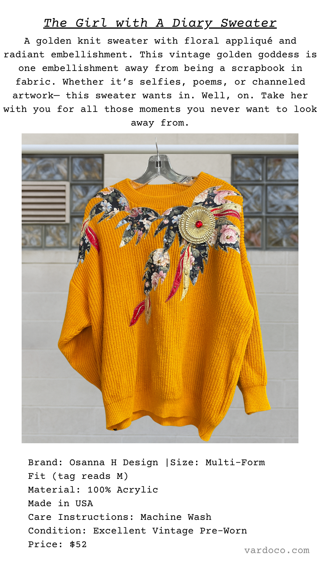 Vintage golden sweater titled “The Girl with A Diary” with text describing her as a wearable scrapbook for poetic moments.