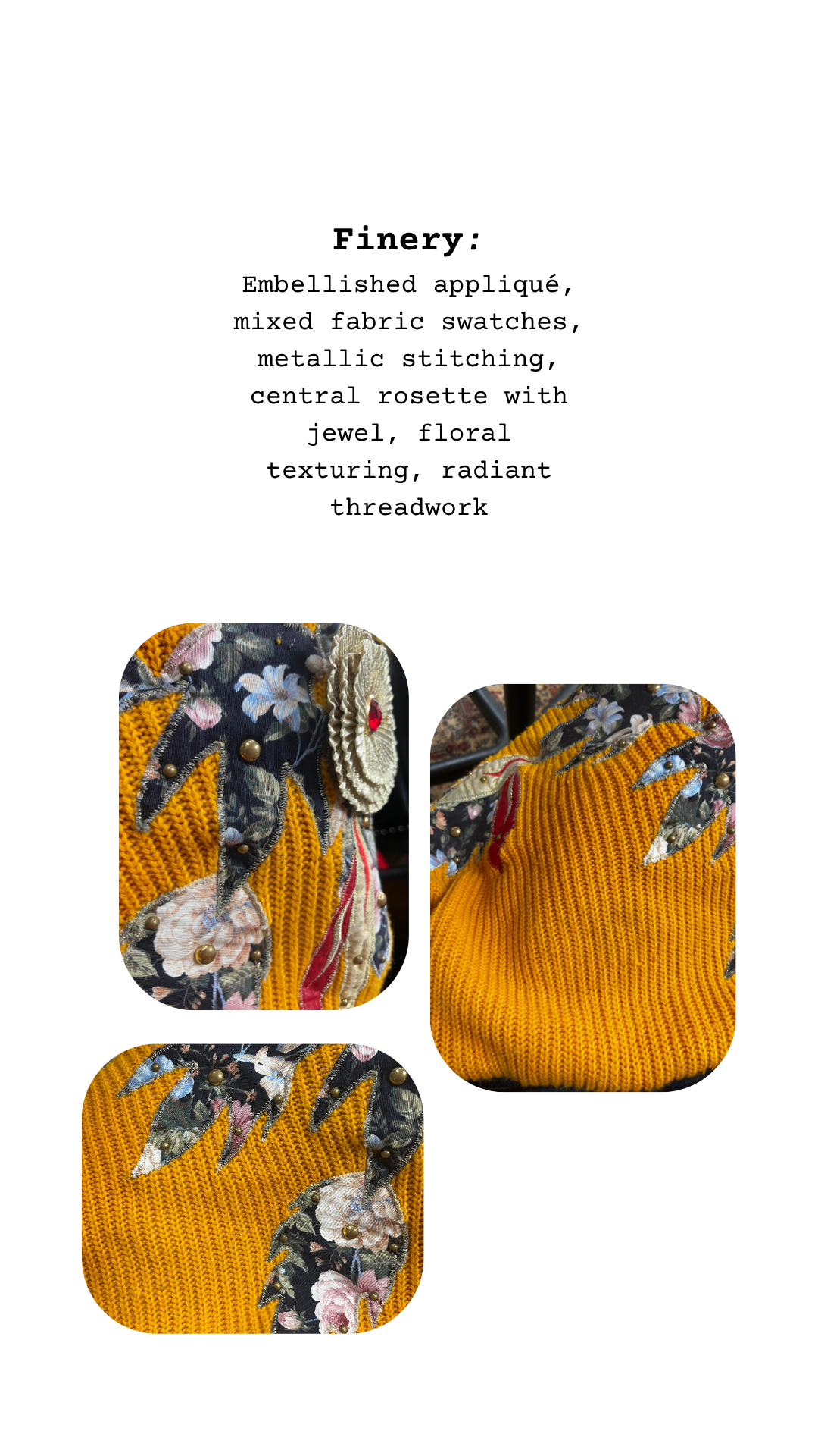 Textured fabric swatches with floral and metallic designs on a white background.