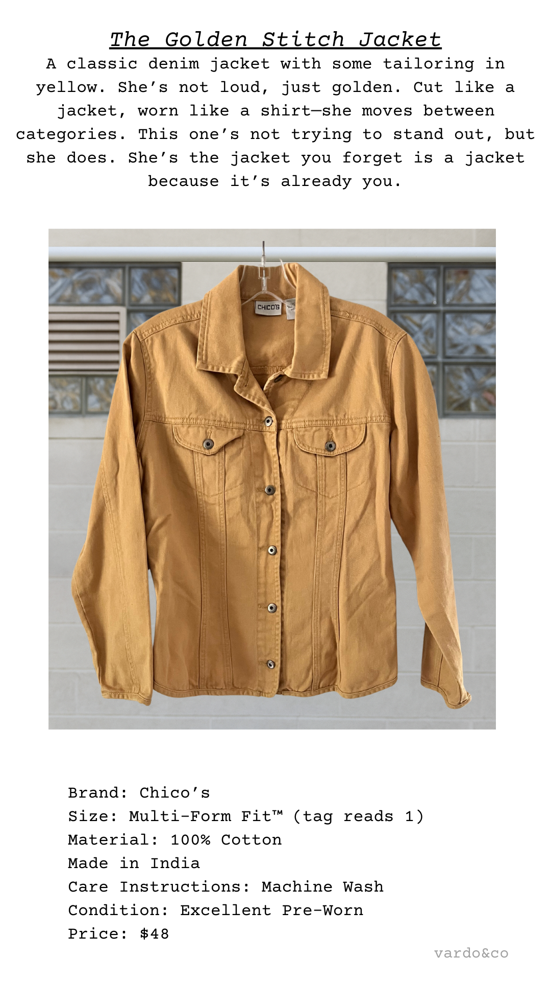 The Golden Stitch Jacket displayed flat, showing golden ochre denim fabric, structured seams, and front flap pockets.
