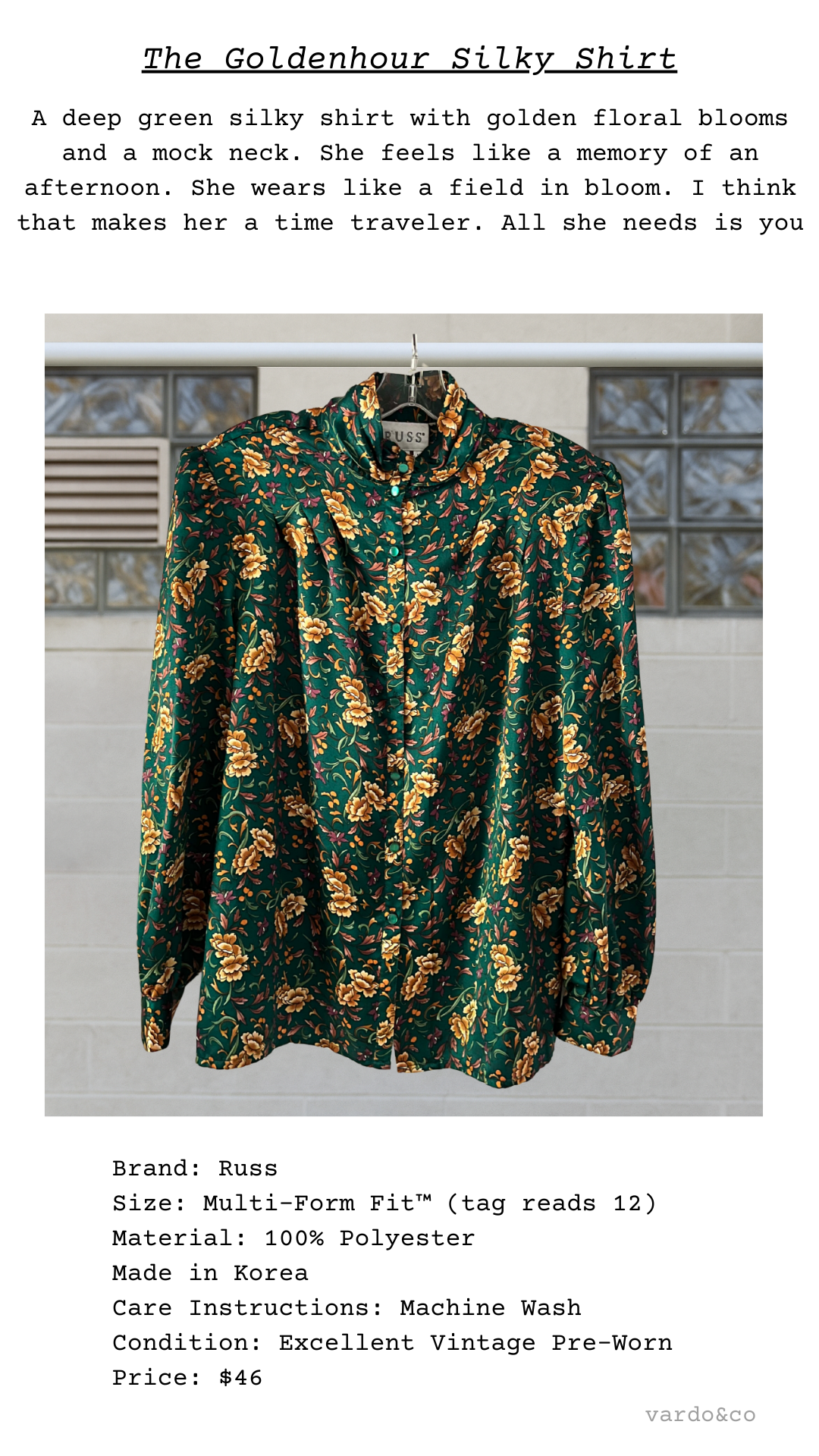 Goldenhour silky shirt displayed on catalog card, emerald and gold floral print with short sleeves and button closure