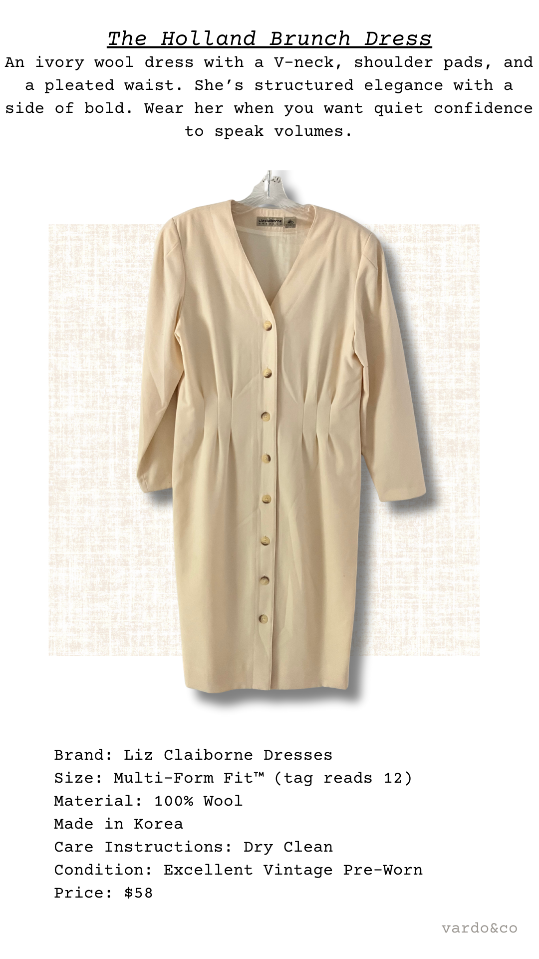 Product card titled “The Holland Brunch Dress” with a short description above a full garment photo and a specs block listing brand, size 12, wool material, care, condition, and price $58.