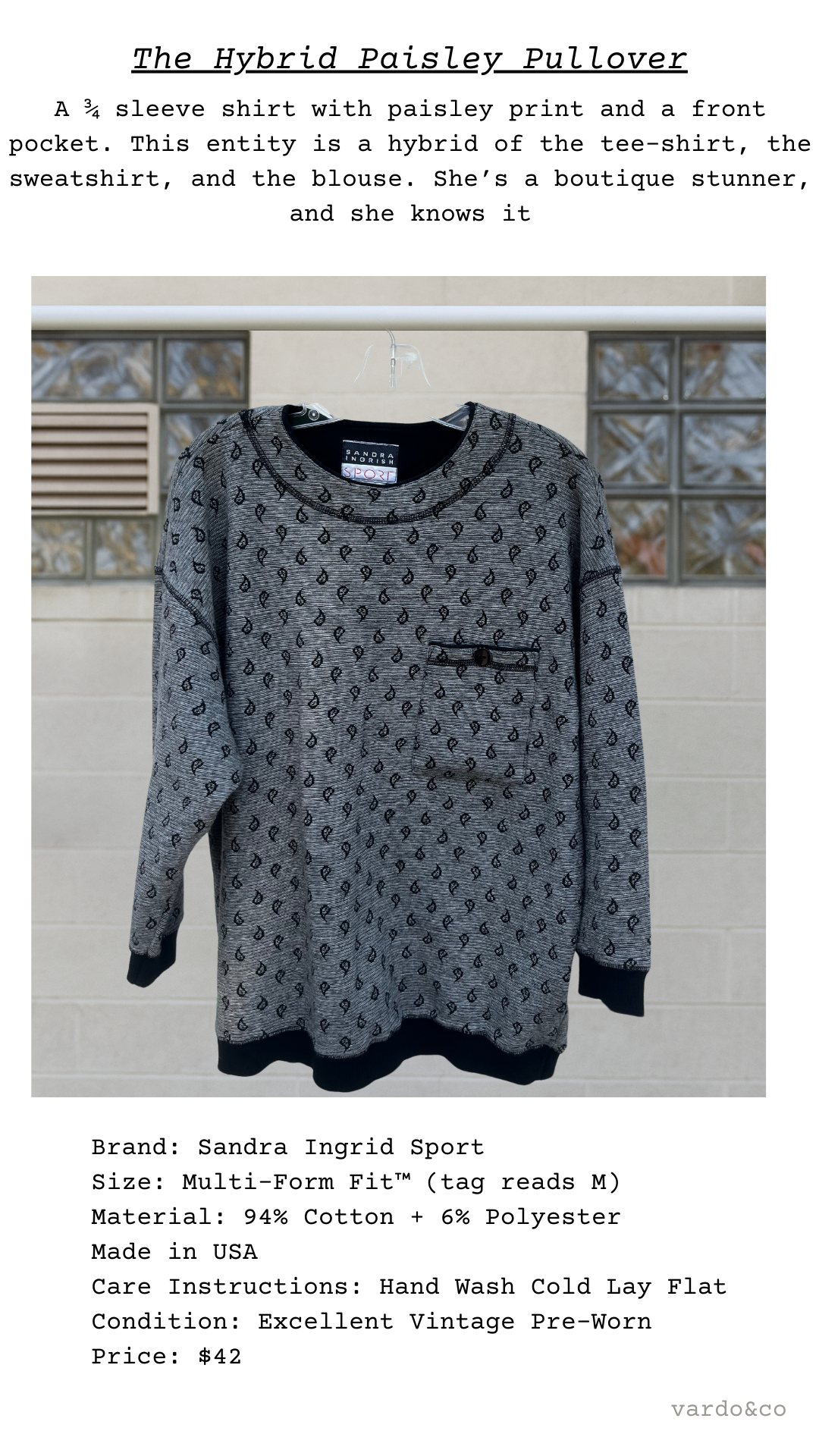 Product card titled “The Hybrid Paisley Pullover” with a short description above a full garment photo and a specs block listing brand, size M, cotton-poly blend, care, condition, and price $42.