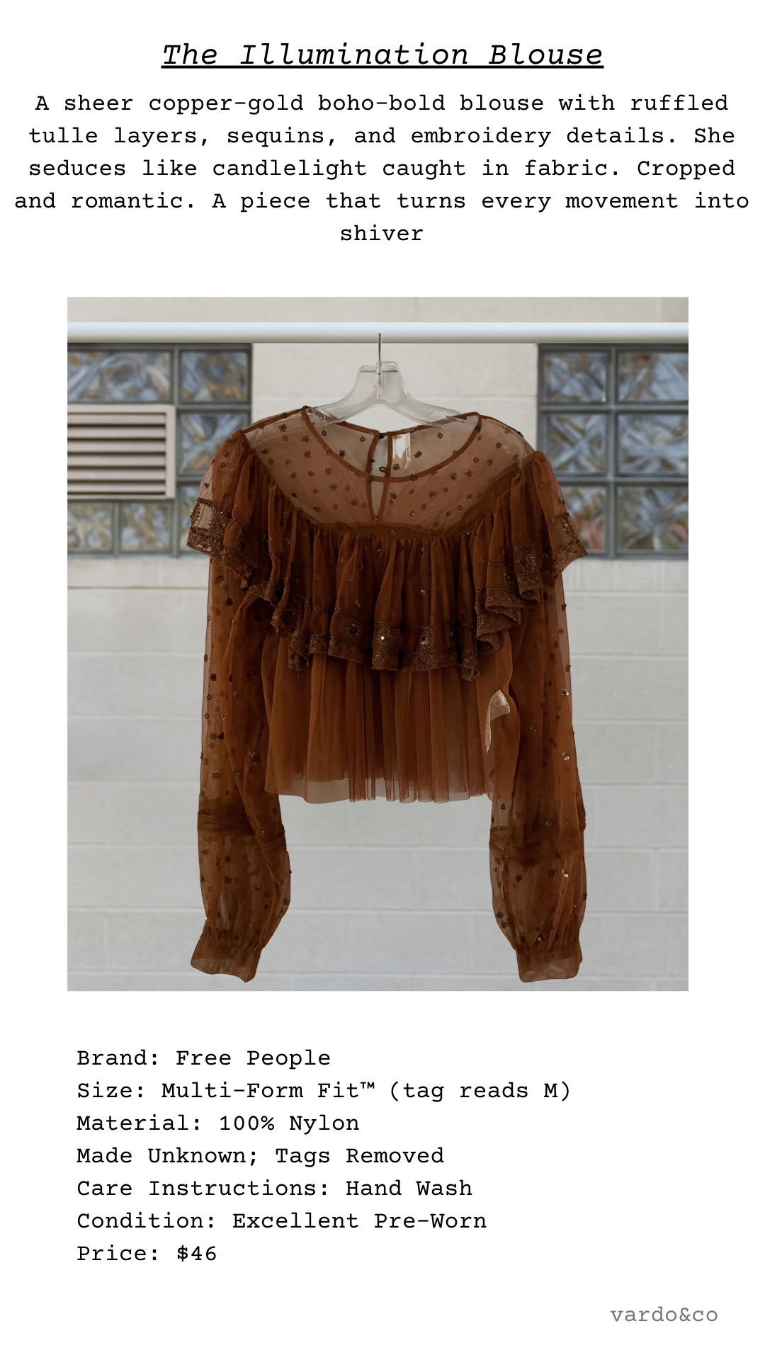 Catalog card image of a copper-gold Free People blouse, sheer long sleeves, cropped with ruffles and sequins