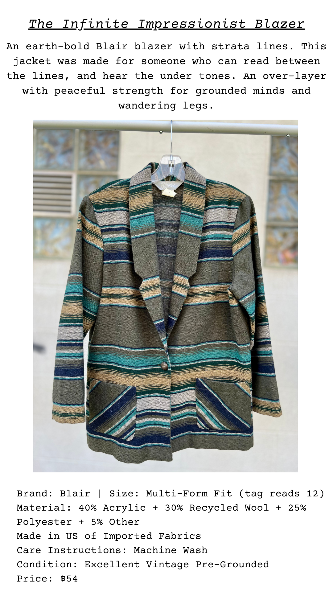 Striped blazer on a hanger with text describing the product.