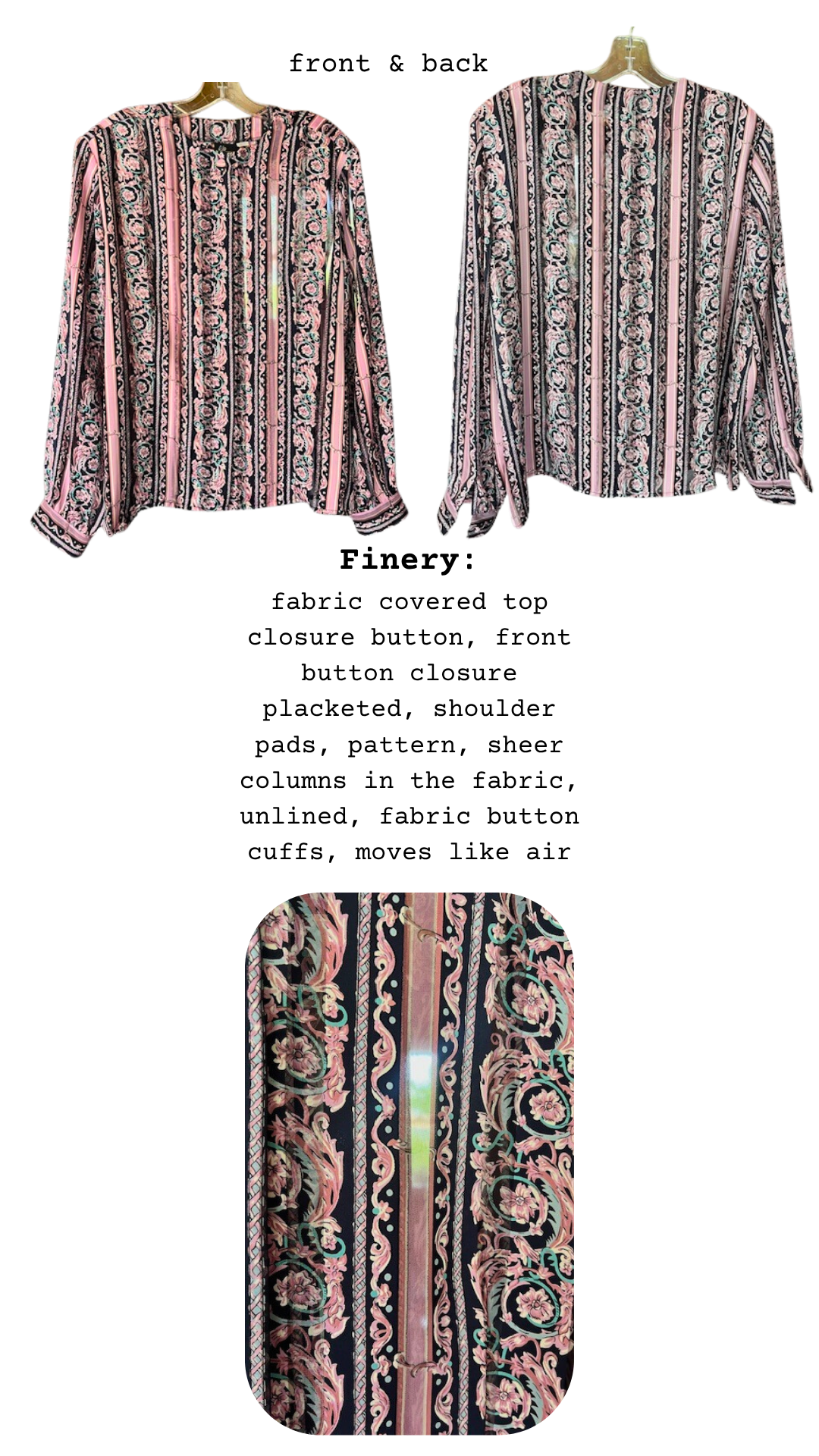 Finery card for The Lady Lounger Blouse, showing front and back views, fabric detail, and construction elements.