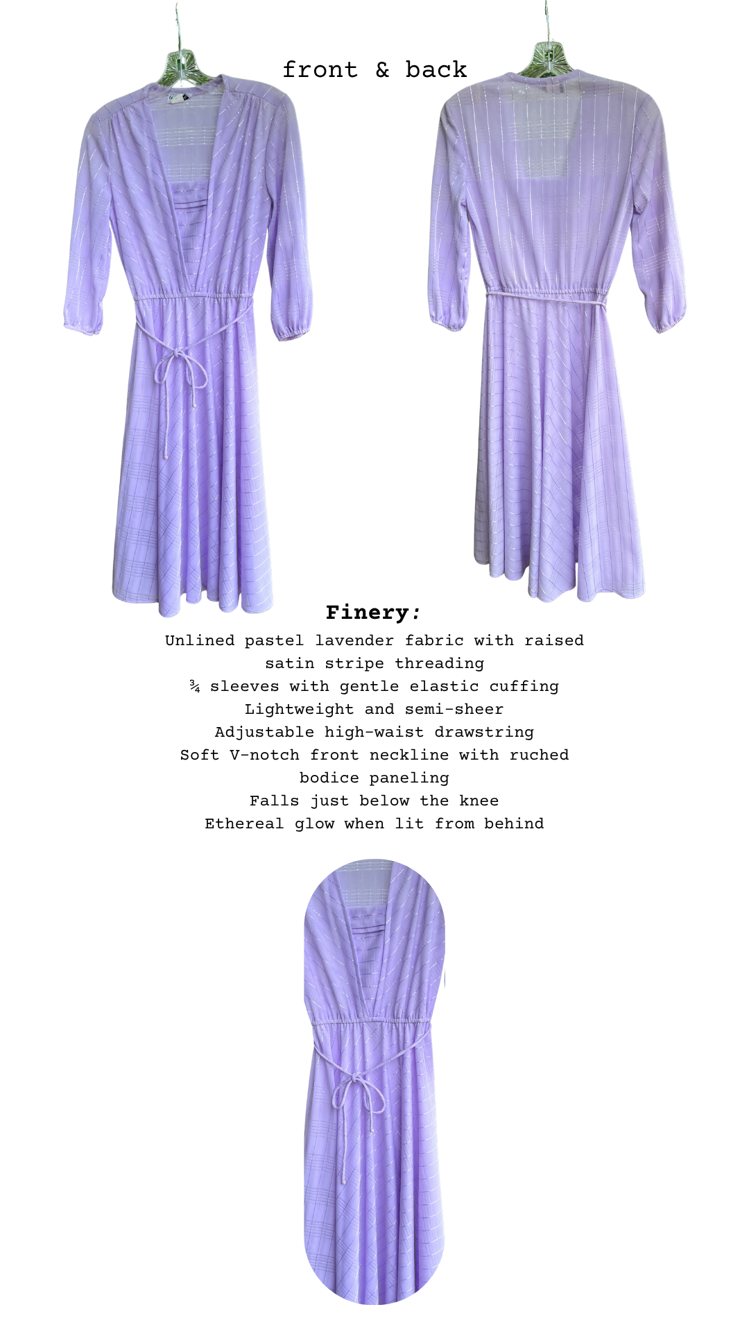 Finery details of The Lucky Barbara Violet Dress, featuring front and back views, sleeve detail, and glowing lavender fabric.