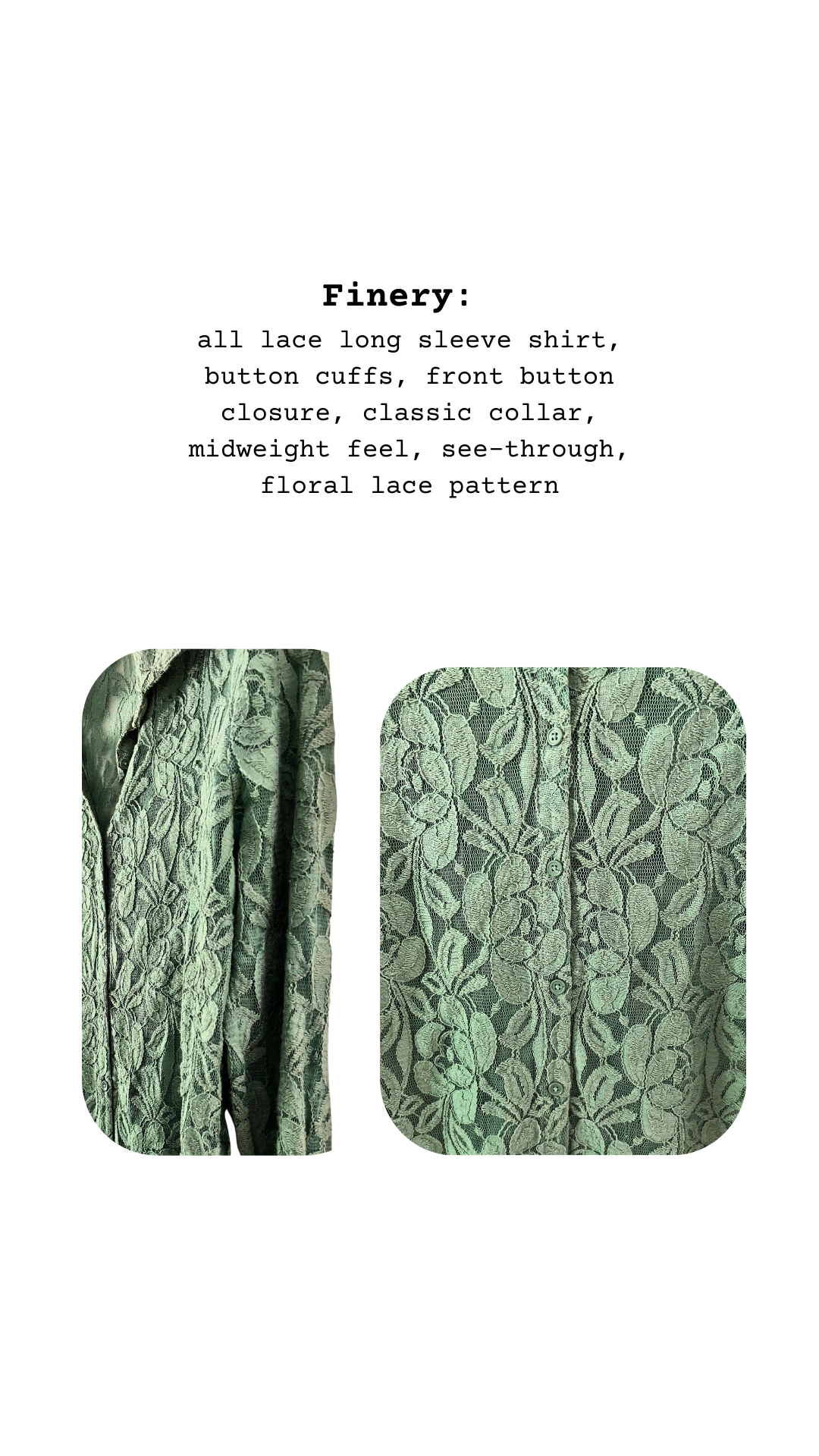 Close-up of sheer floral lace fabric, button detailing, and collar design.