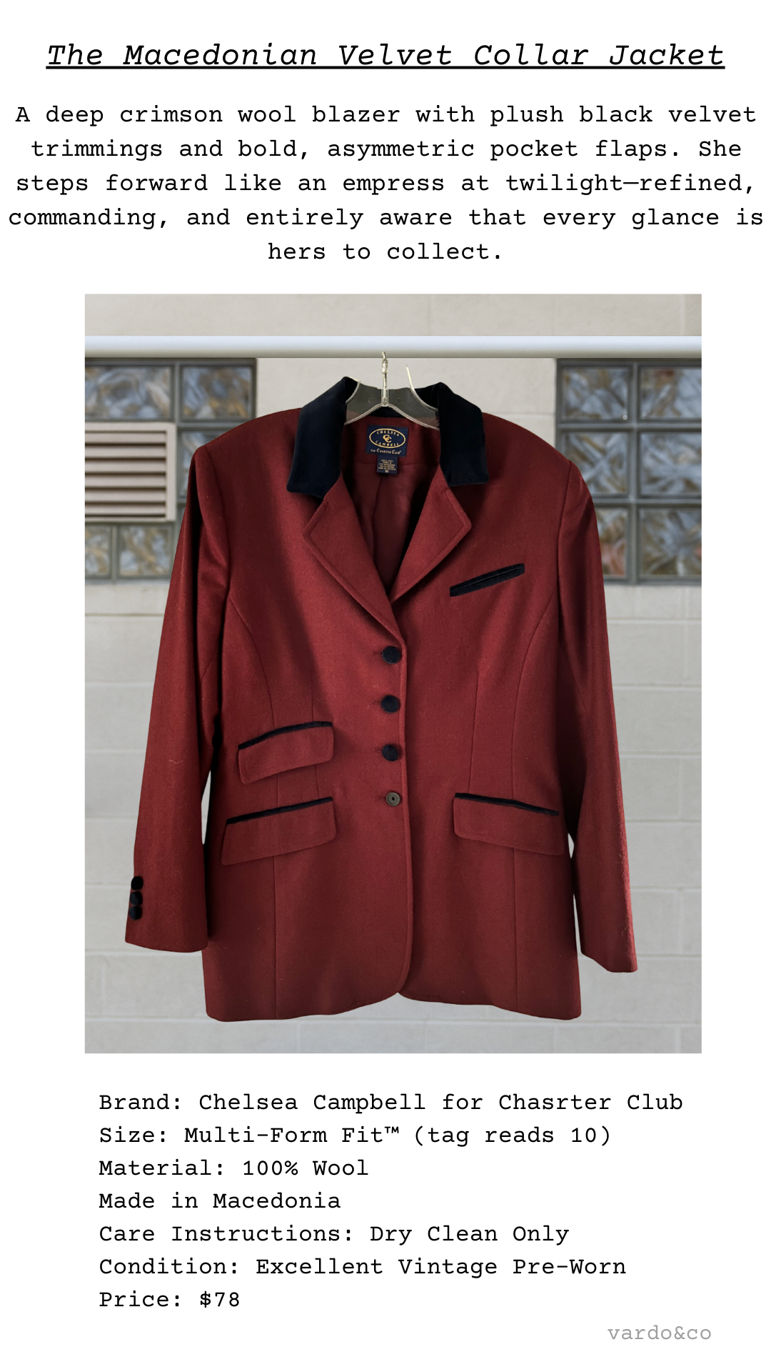 The Macedonian Velvet Collar Jacket displayed front-facing, showing its plush velvet details and tailored silhouette.