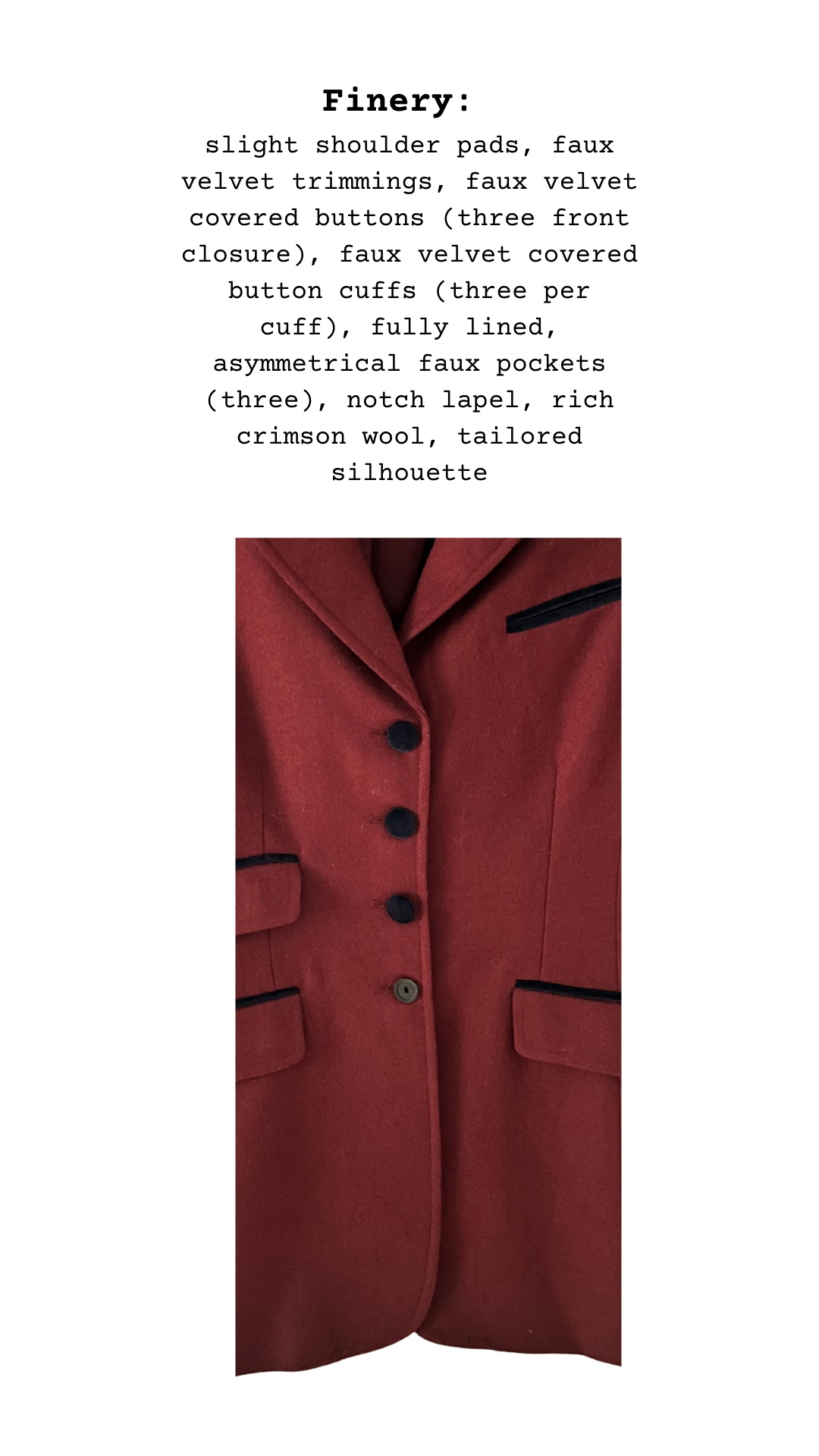 Close-up of the crimson wool fabric, black velvet trim, and covered buttons of The Macedonian Velvet Collar Jacket.