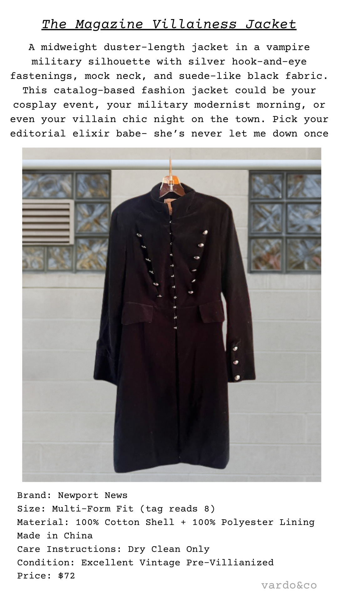 The Magazine Villainess Jacket displayed with frontal styling and poetic description, featuring military silhouette and silver hook-and-eye detailing.