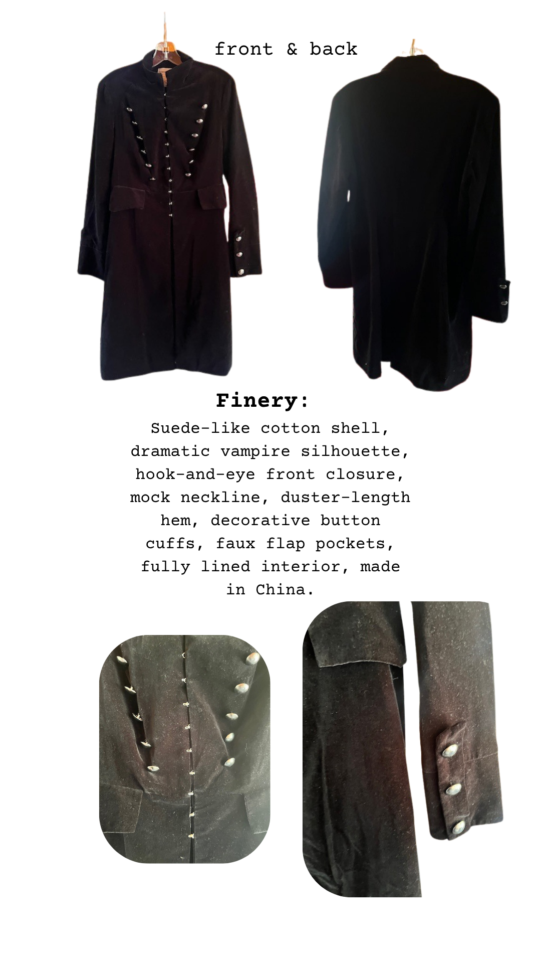 Detail shots of The Magazine Villainess Jacket showing silver hook-and-eye front closure, suede-like black fabric, and button cuff accents. Full front and back views highlight the dramatic silhouette and duster-length design.