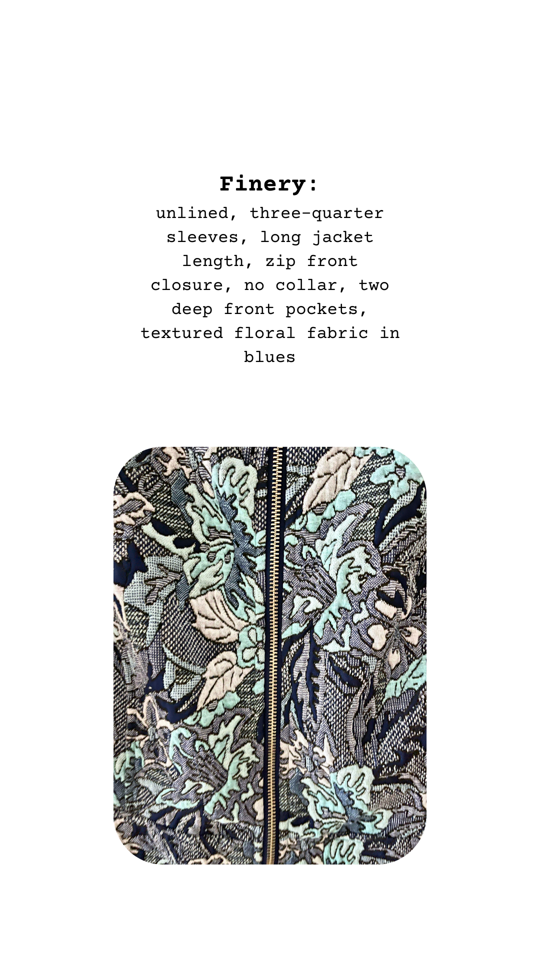 Close-up of The Midnight Reef Jacket’s textured floral fabric in blues and greens with zip front closure.