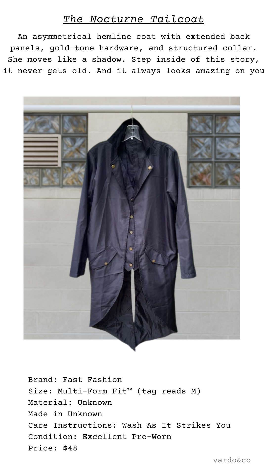 The Nocturne Tailcoat shown front-on: black lightweight fabric, gold-tone hardware, shorter front with long split tails.