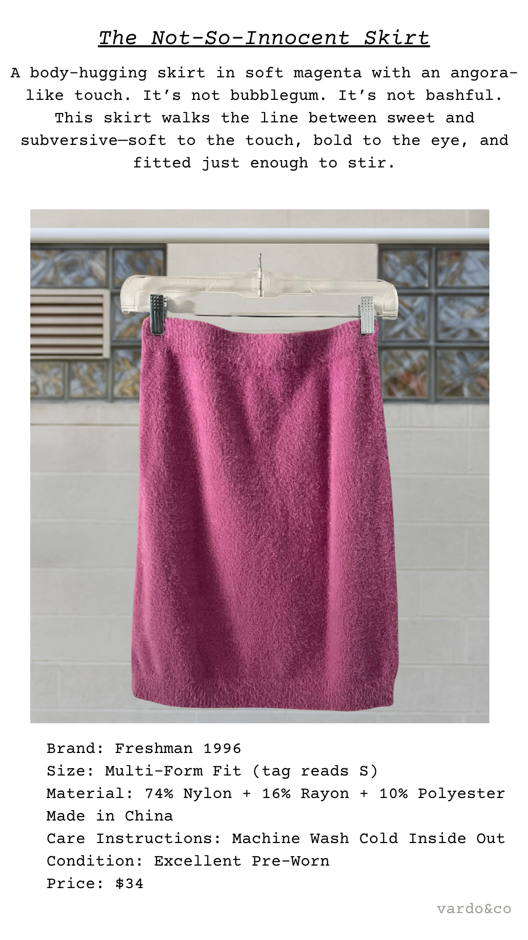 Text reads: “The Not-So-Innocent Skirt” with description and image of soft magenta skirt