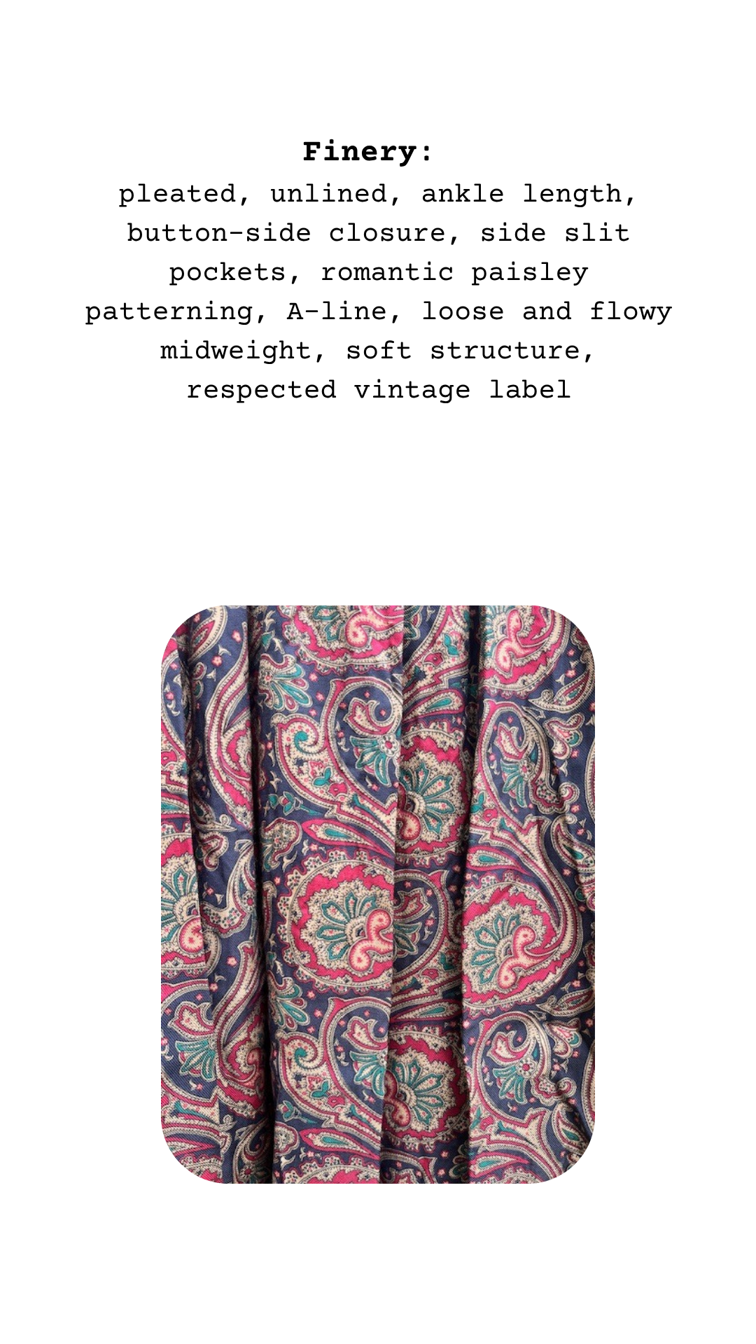 Close-up of romantic paisley pattern in plum, sage, and rosewood tones on soft vintage fabric with midweight flow and pleated texture