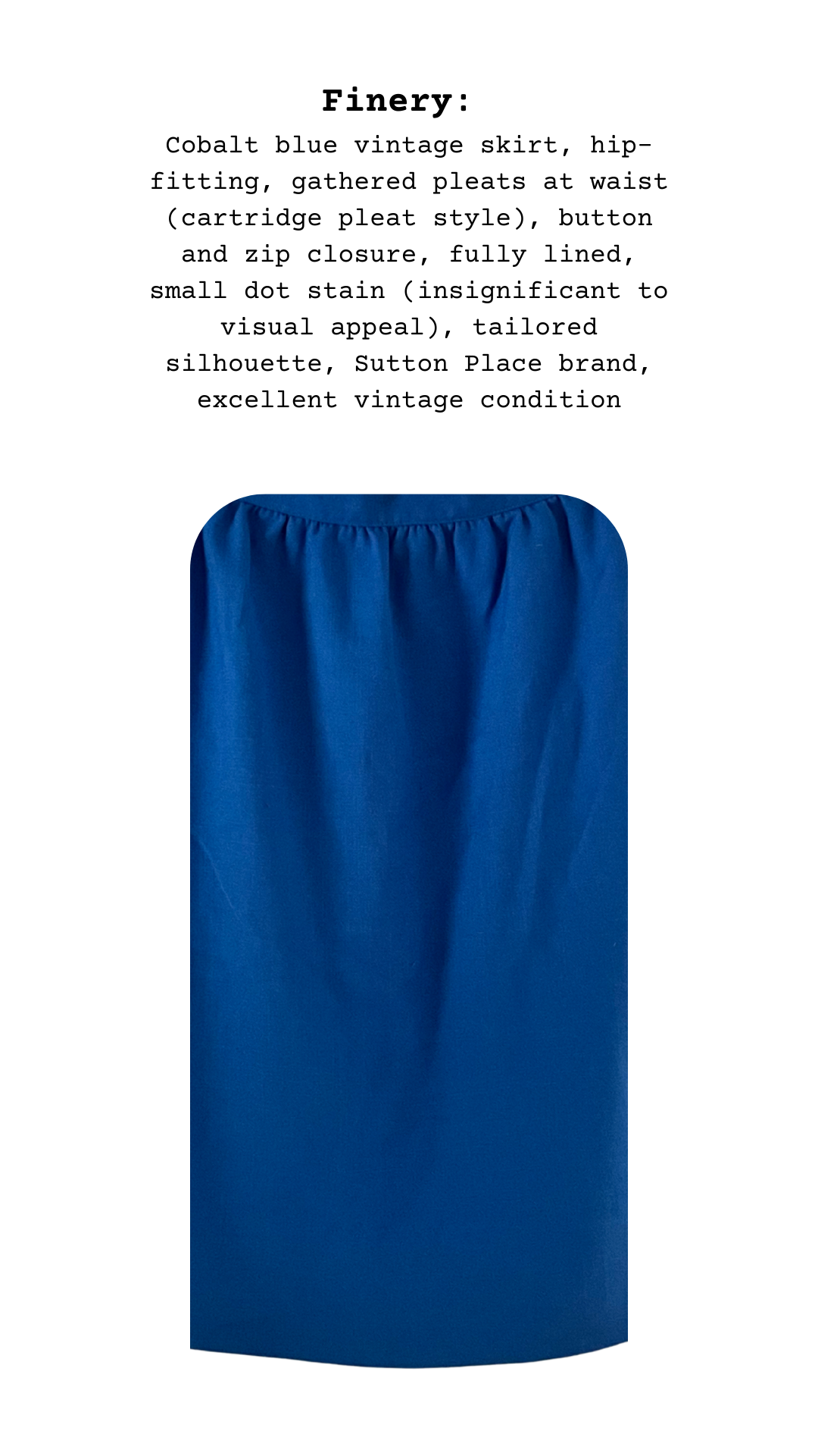 Cobalt blue vintage skirt on a white background with text description.