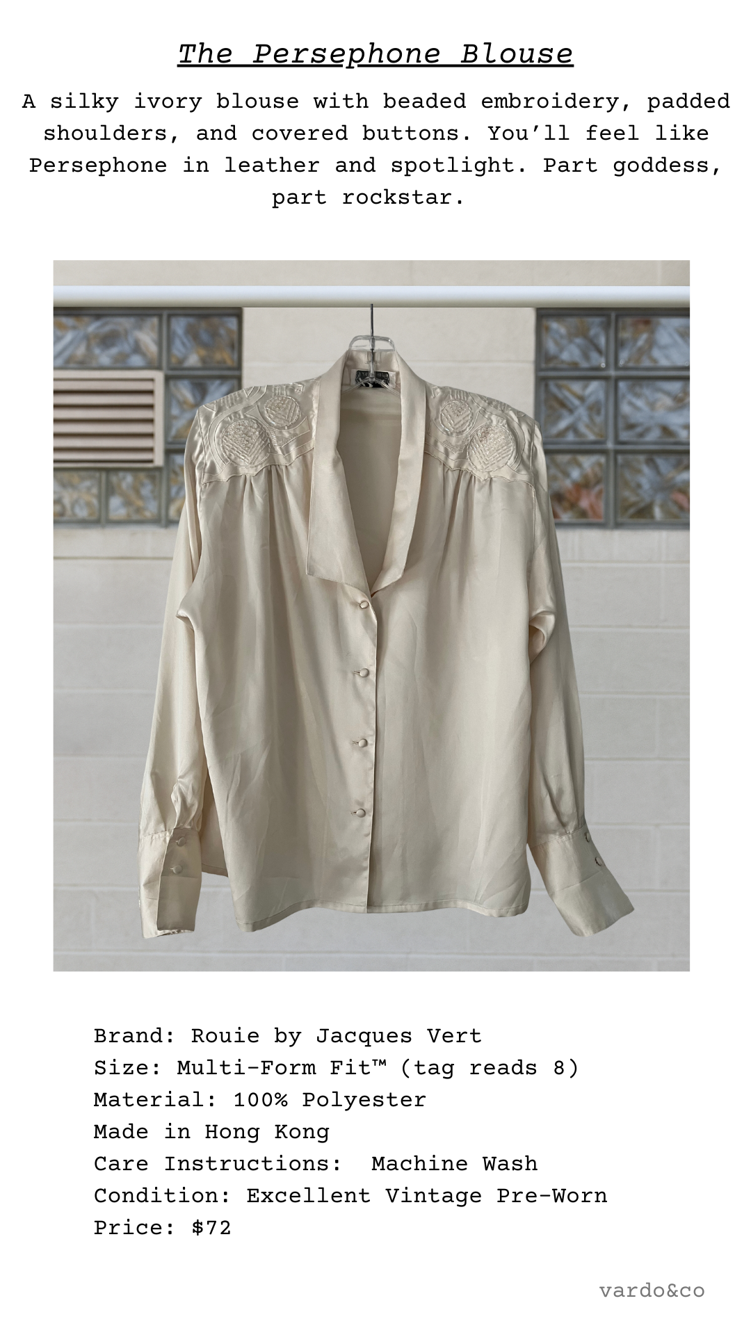 Catalog card of The Persephone Blouse, ivory long-sleeve with beaded embroidery