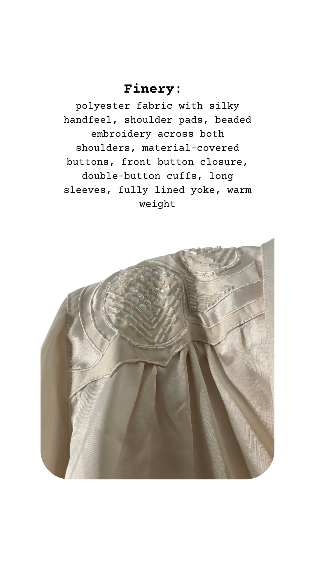 Finery close-up of The Persephone Blouse, pearl beading and shoulder detail