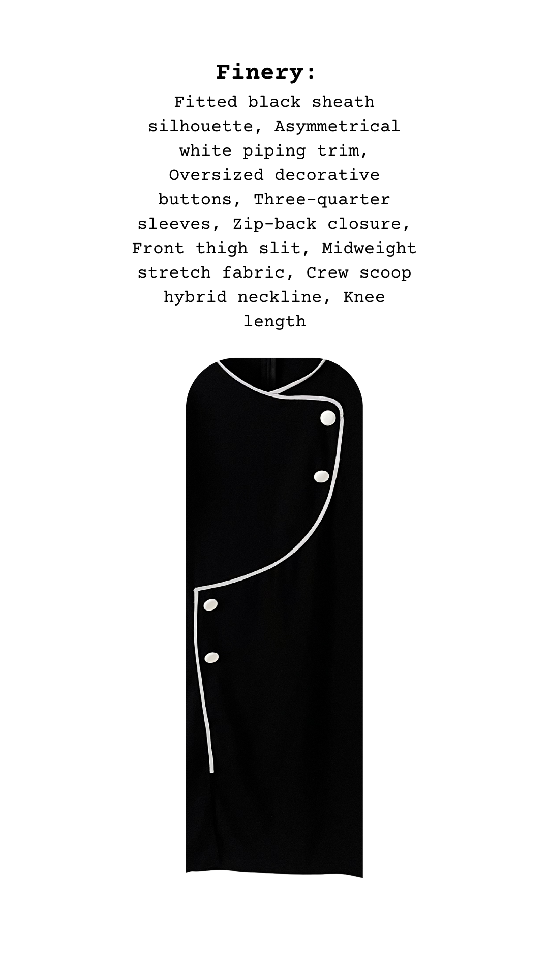 Close-up of The Pin-Up Curve Dress’s white piping, oversized decorative buttons, and smooth black stretch fabric.