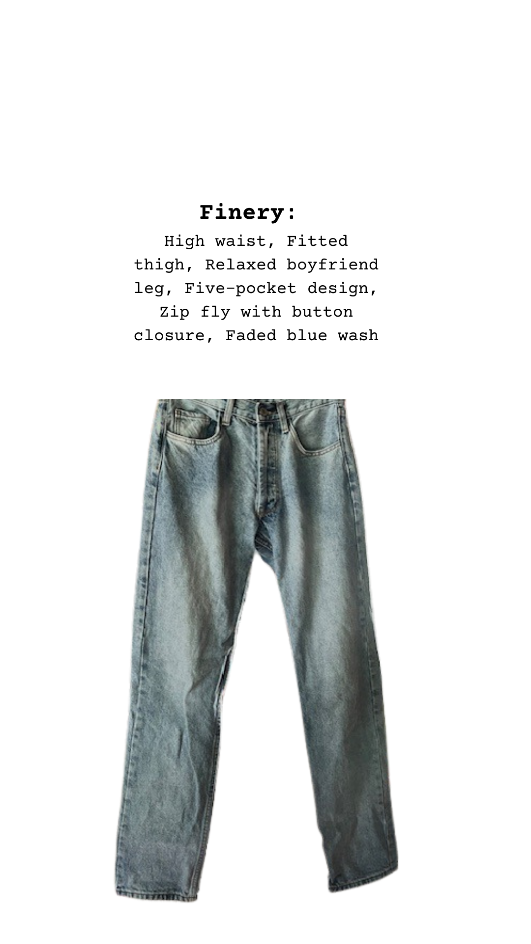 Close-up of faded blue denim showing zip fly with button closure, pocket seams, and natural fading on the thigh.