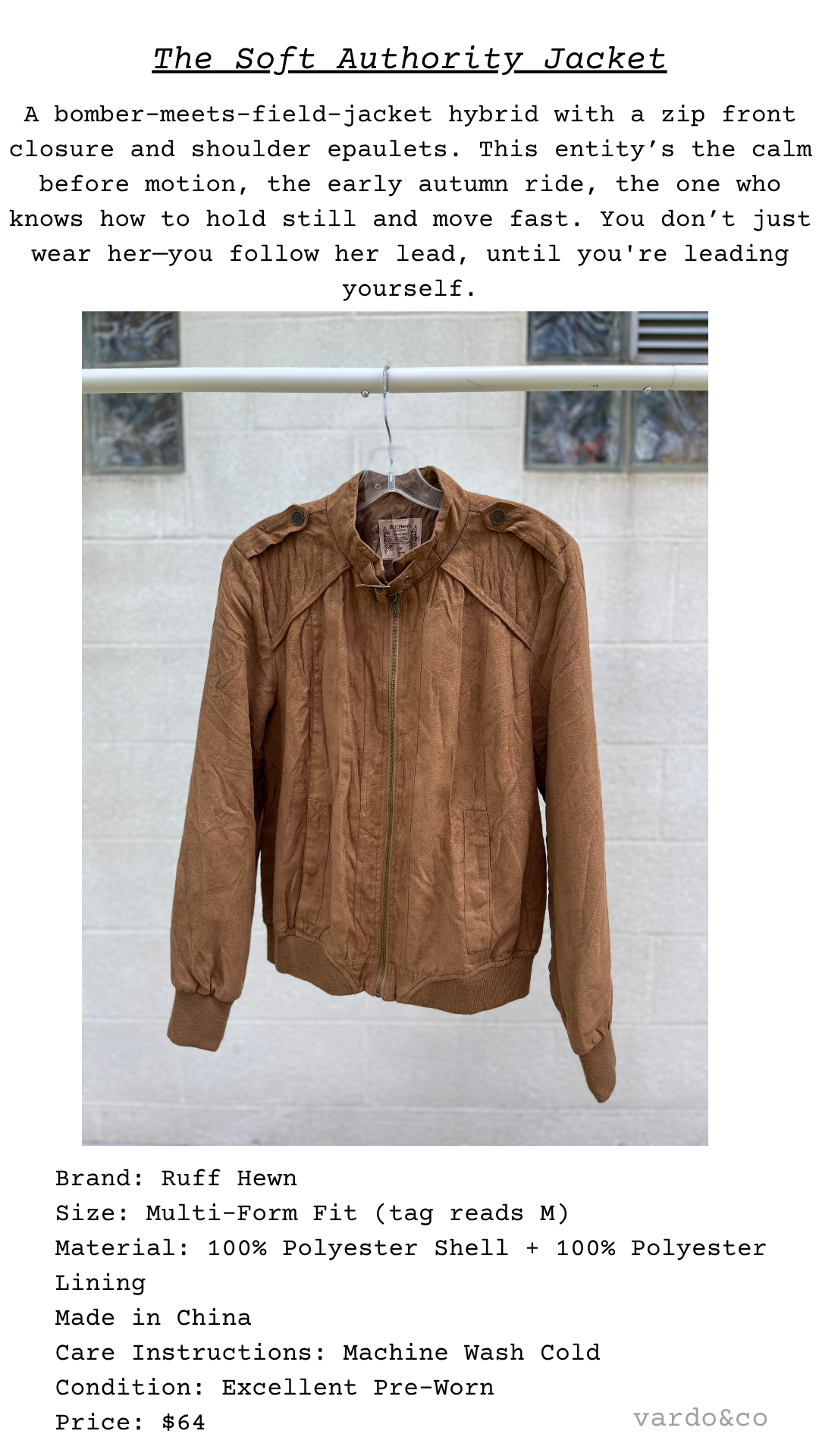 Brown utility-style bomber jacket with shoulder epaulets and ribbed cuffs, styled as a hybrid between bomber and field jacket.