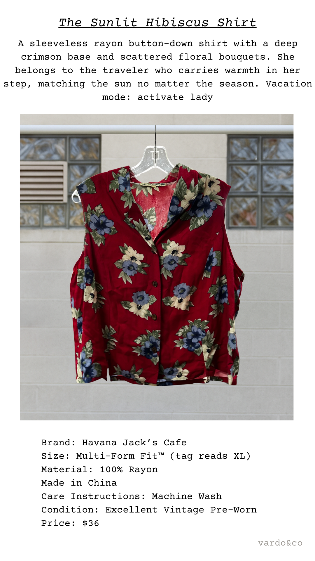 The Sunlit Hibiscus Shirt shown on hanger, bold crimson base with scattered floral bouquets, sleeveless cut, and pointed collar.