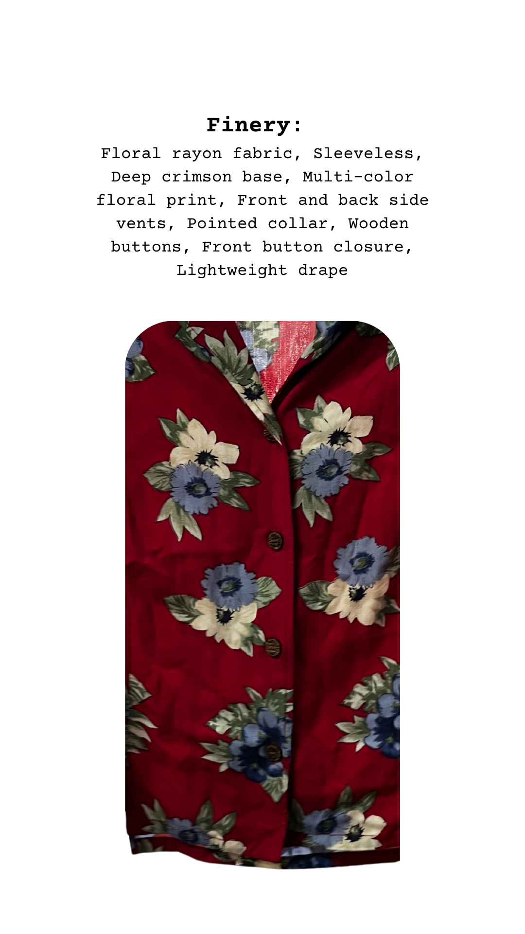Close-up of The Sunlit Hibiscus Shirt’s floral rayon fabric, wooden buttons, and deep crimson background color.
