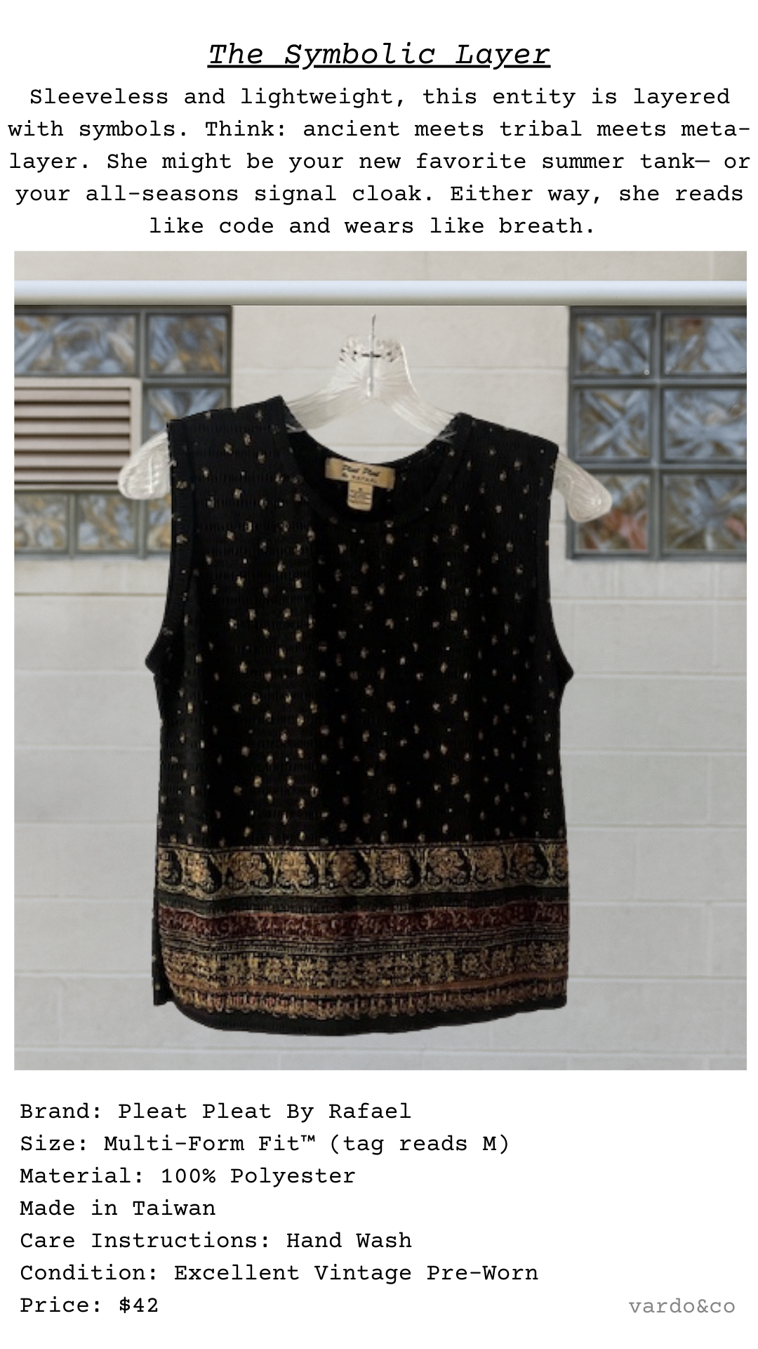 The Symbolic Layer — micro-pleated sleeveless shell with celestial dot and border motifs
