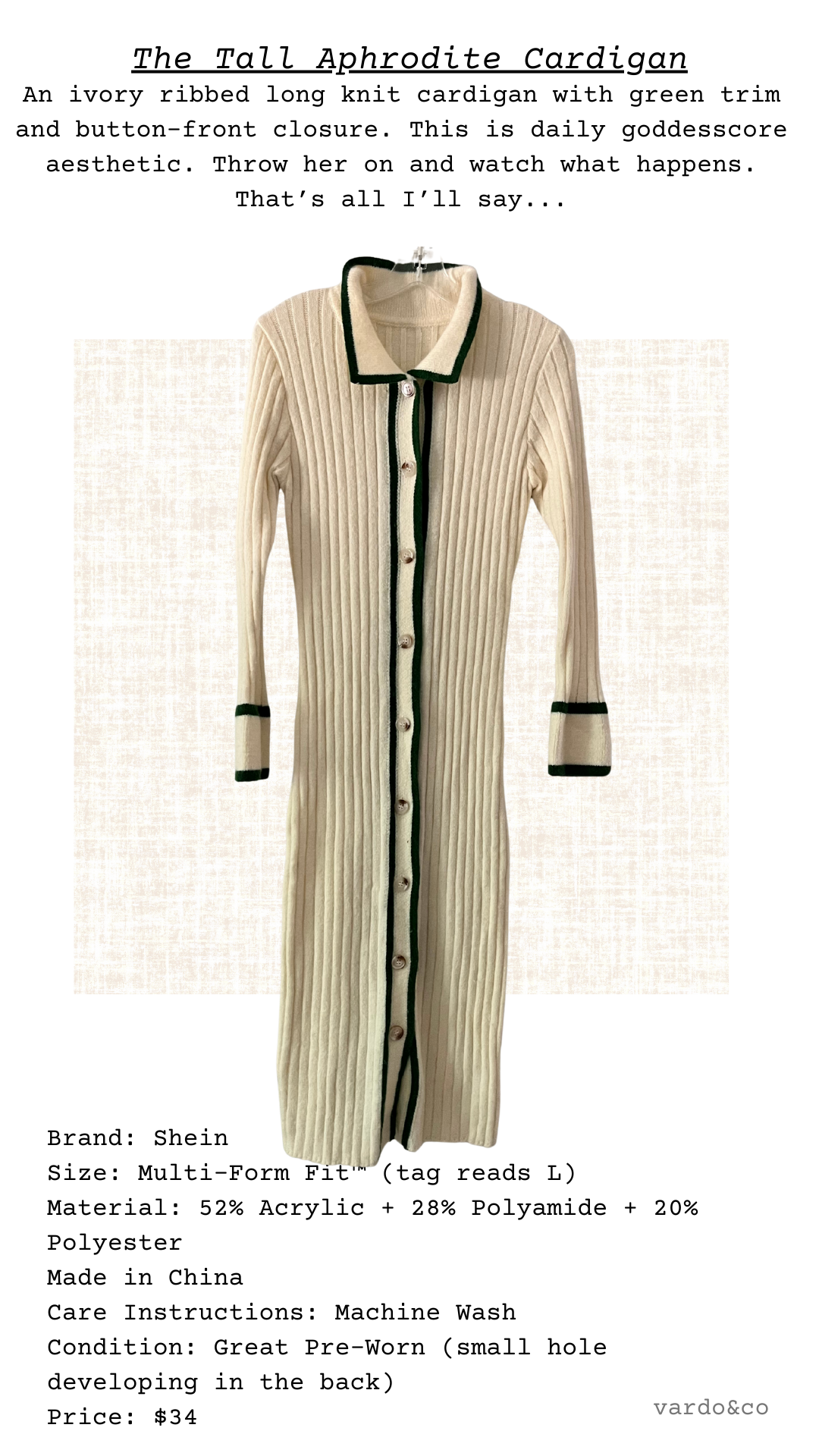 Catalog card image of ivory ribbed button-front cardigan dress with green trim and collar