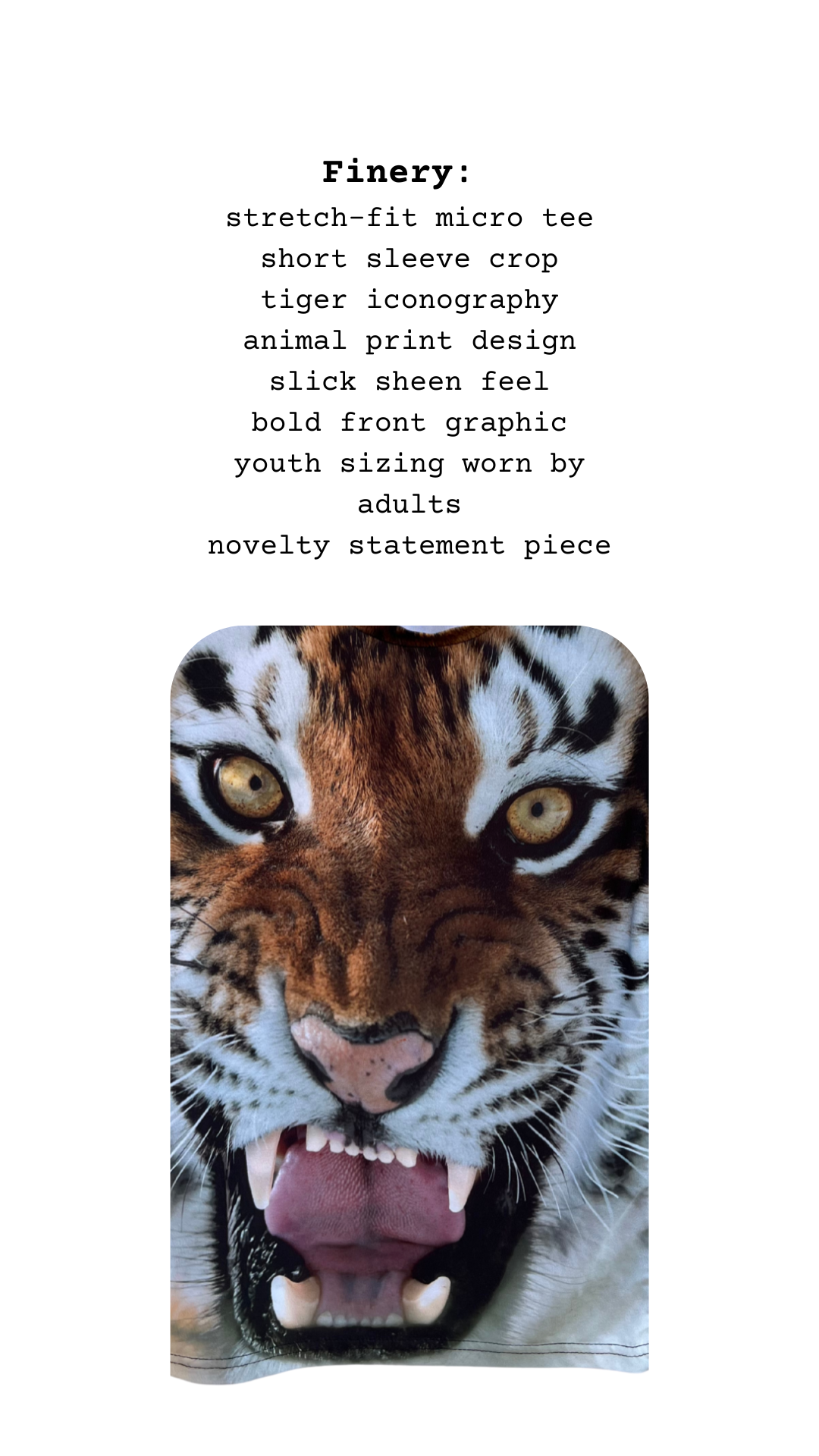 Tiger face graphic with product description text on a white background