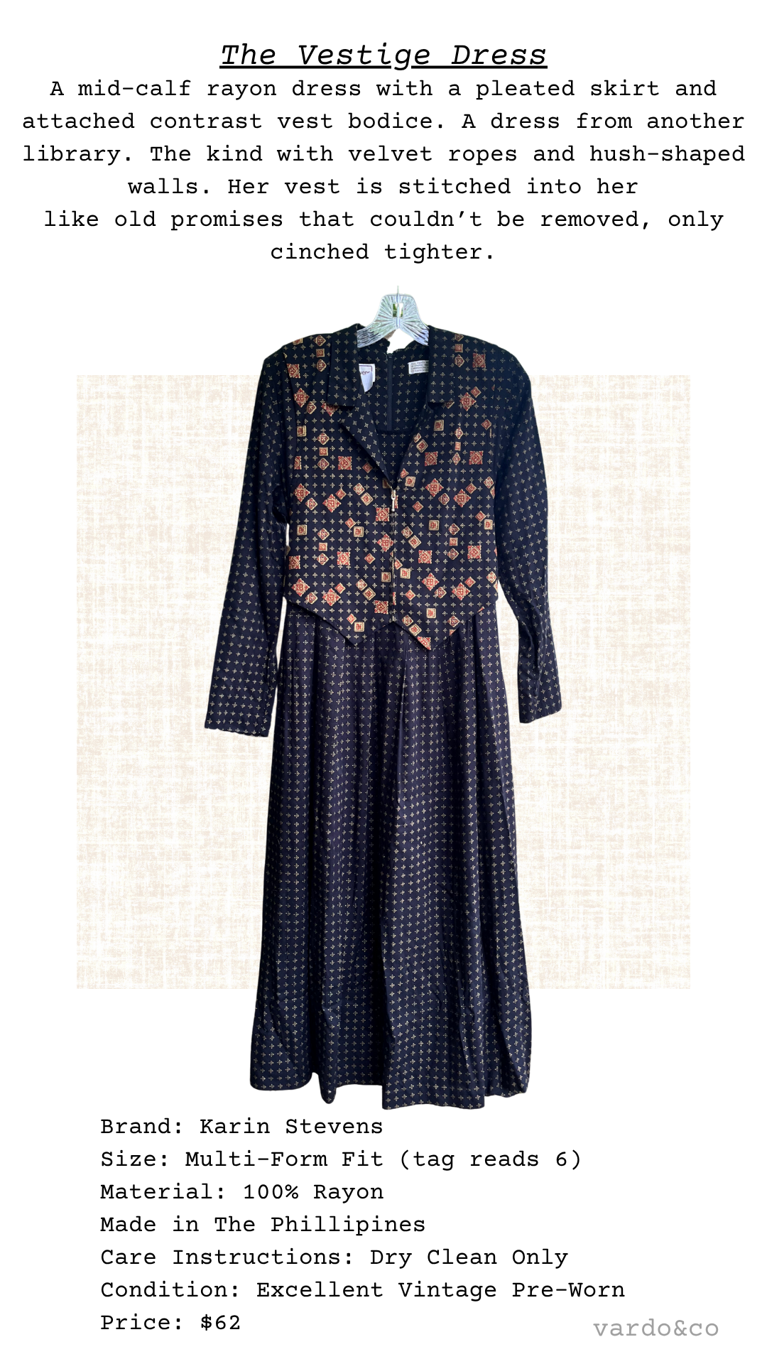 The Vestige Dress shown with poetic description, brand and material details below the image.