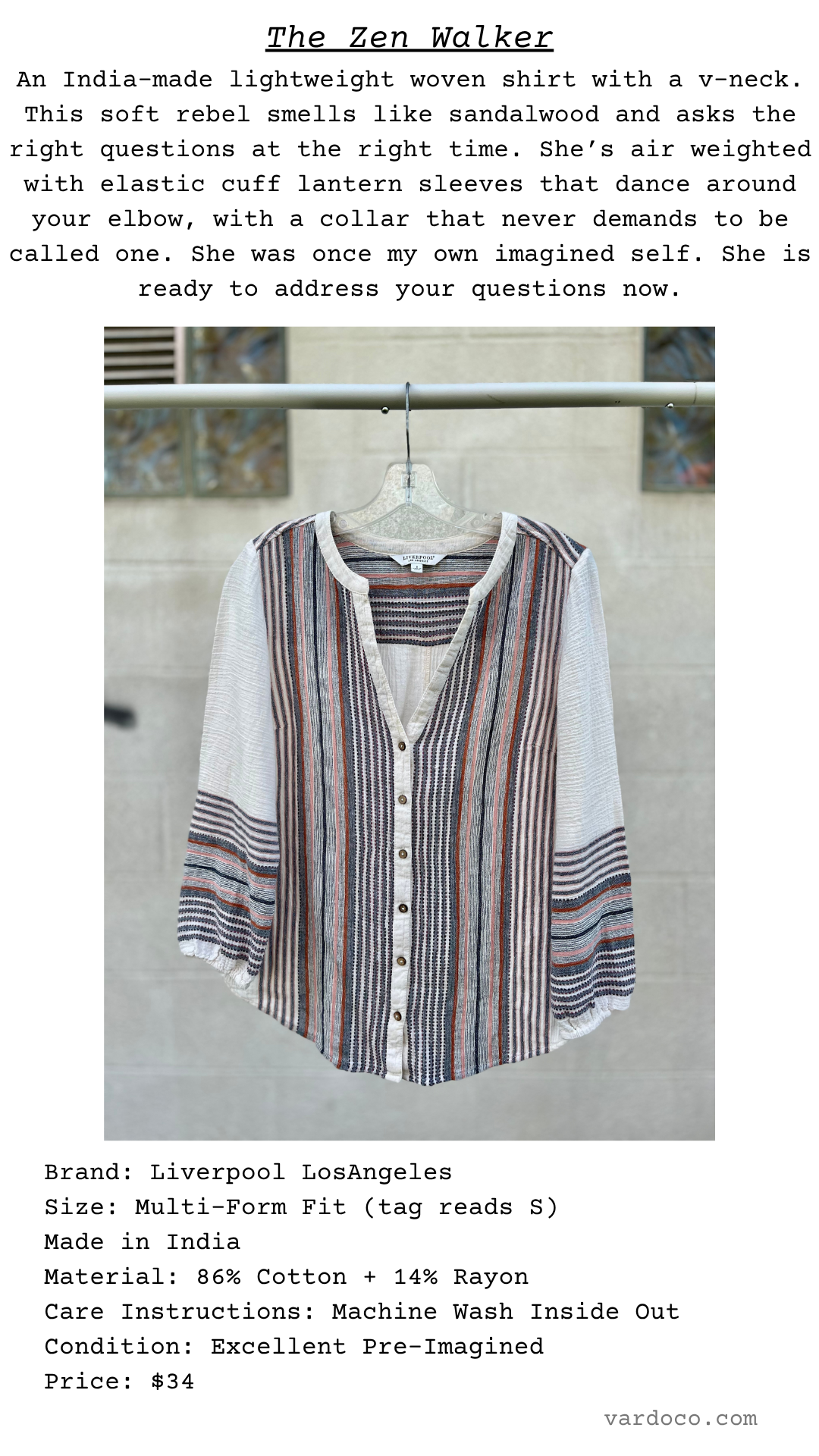 Garment card for The Zen Walker with poetic description and garment details in earthtone stripes.