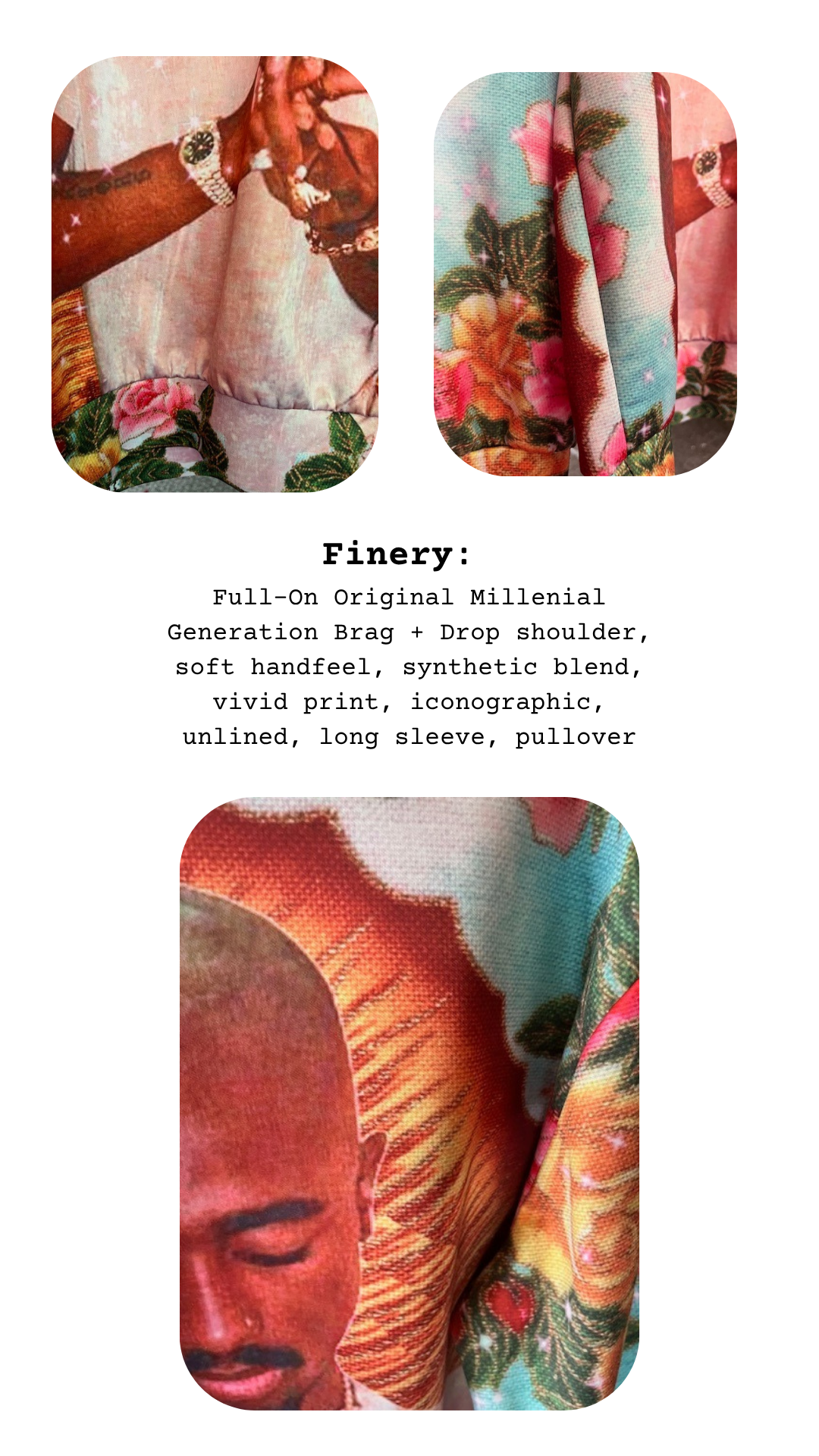 Close-up of sweatshirt featuring vivid floral and halo imagery, printed on soft synthetic fabric, with alt text block listing garment type and thematic description.