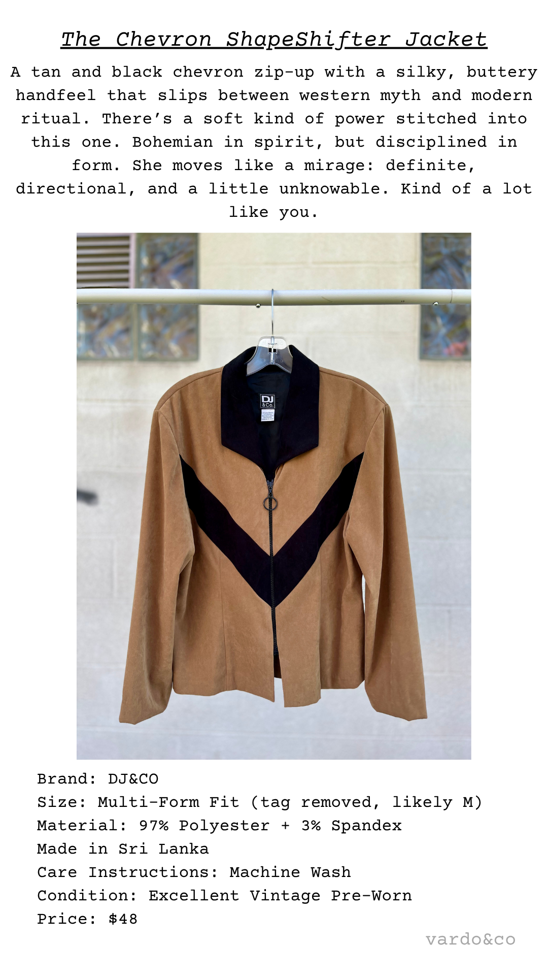 Catalog card displaying a tan and black chevron zip-up jacket with poetic description and garment details.