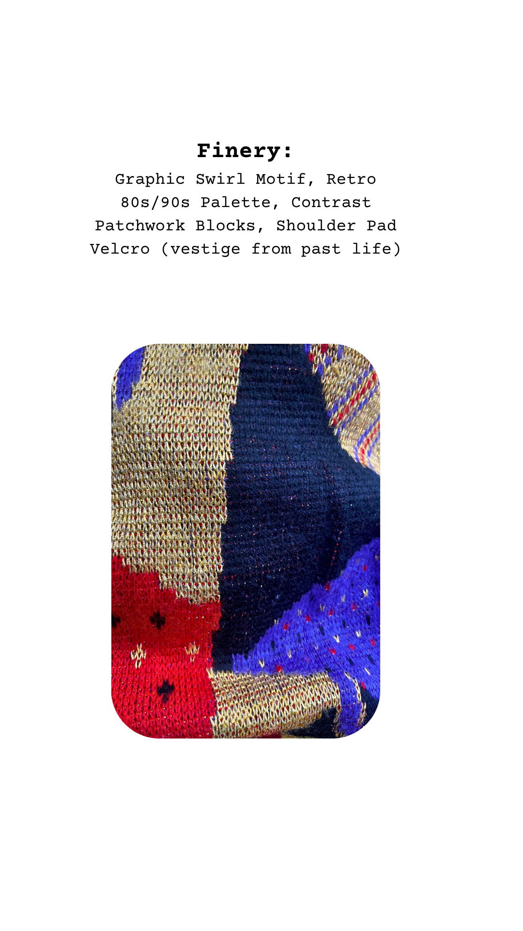 Close-up of vibrant knit sections in red, gold, black, and purple yarn, highlighting texture and sparkle.