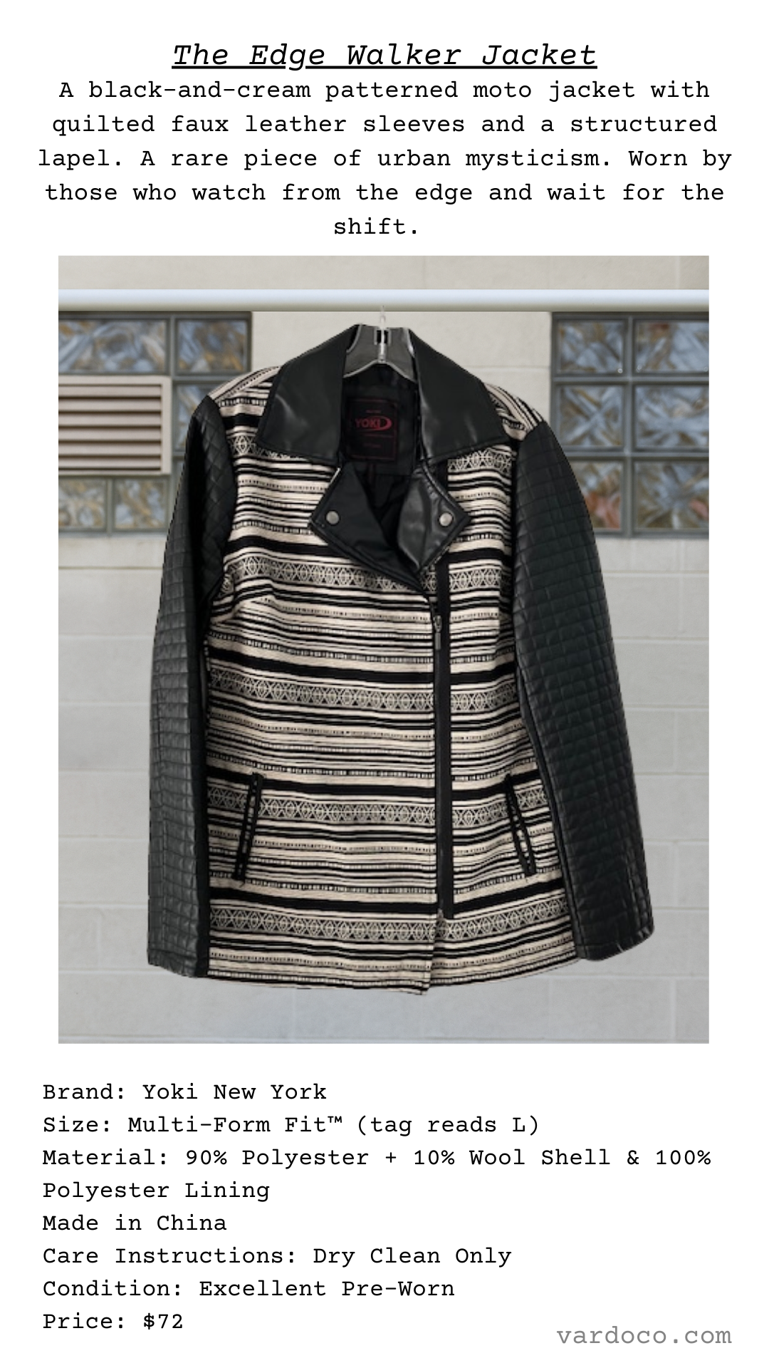 The Edge Walker Jacket, patterned moto style with quilted sleeves and faux leather collar, hanging outdoors in soft daylight.